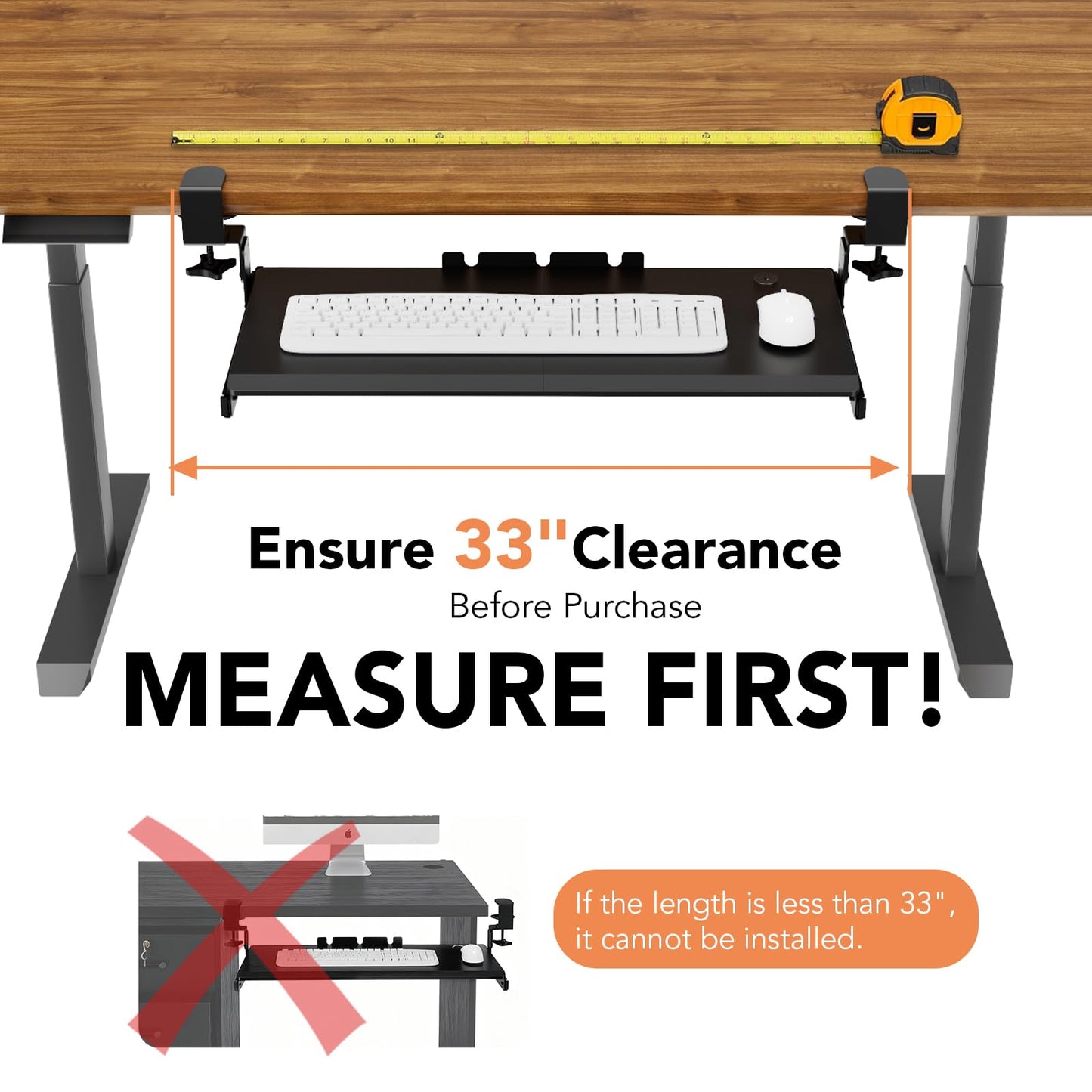 Keyboard Tray Under Desk Pull Out with Extra Sturdy C Clamp Mount System, 693.42 (825.5 mm Including Clamps) x 279.4 mm Slide-Out Platform Computer