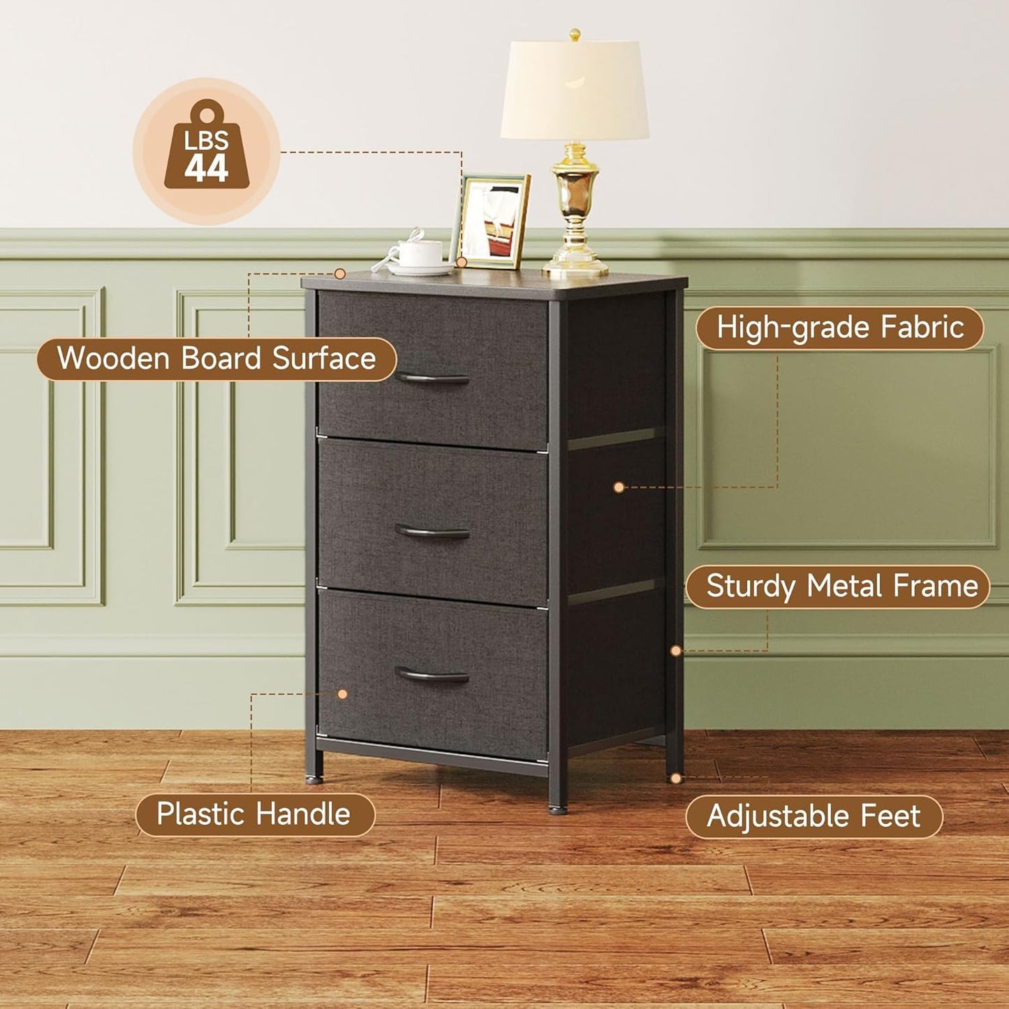 VERMESS Bedroom Chest of Drawers, 3 Fabric Drawer Dresser, Bedside Table, Small End Table for Living Room, Wooden Cabinet Bedside