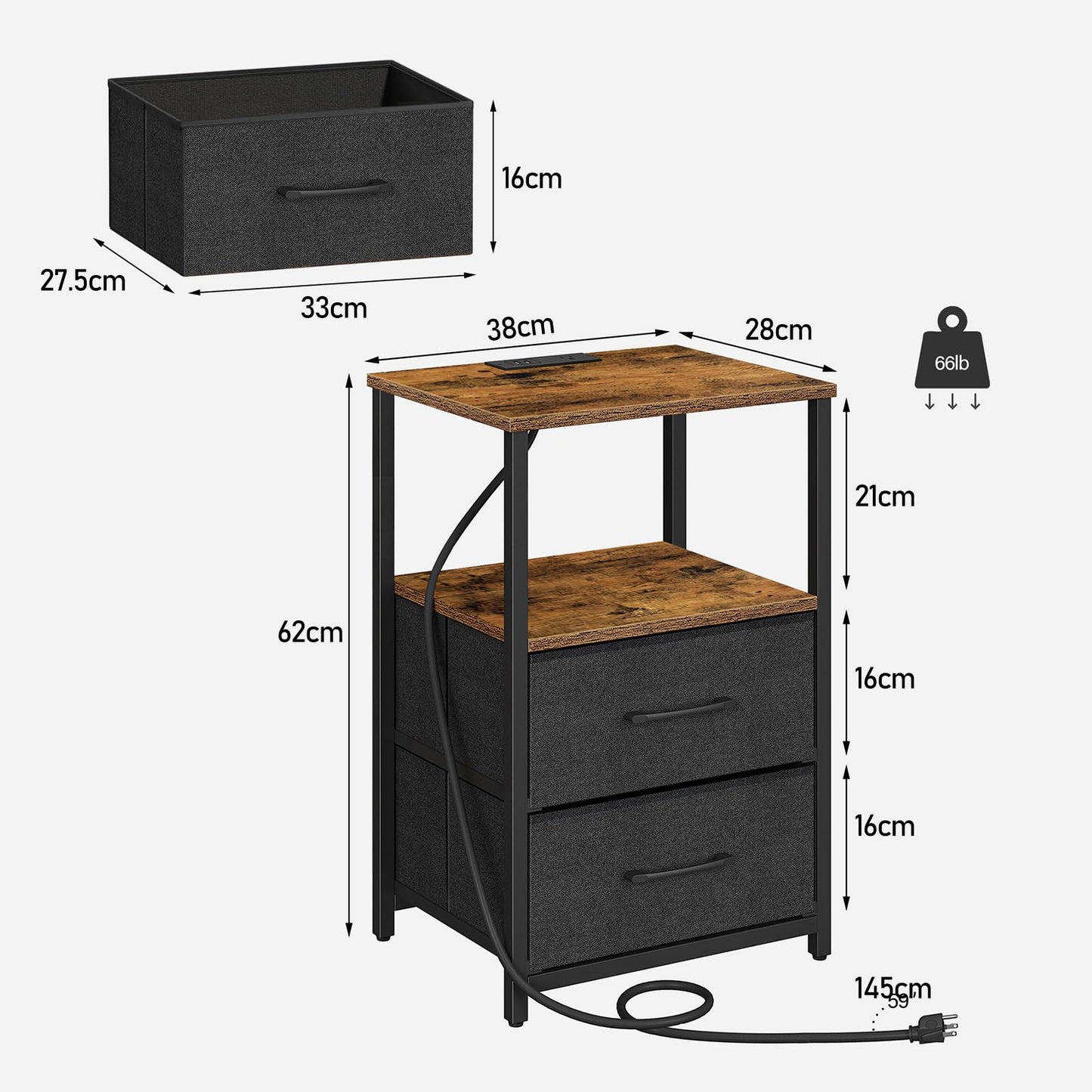 TUTOTAK Bedside Table with Charging Station, Side Table with 2 USB Ports and Outlets, Nightstand with Cloth Drawer, Set of 2, End Table