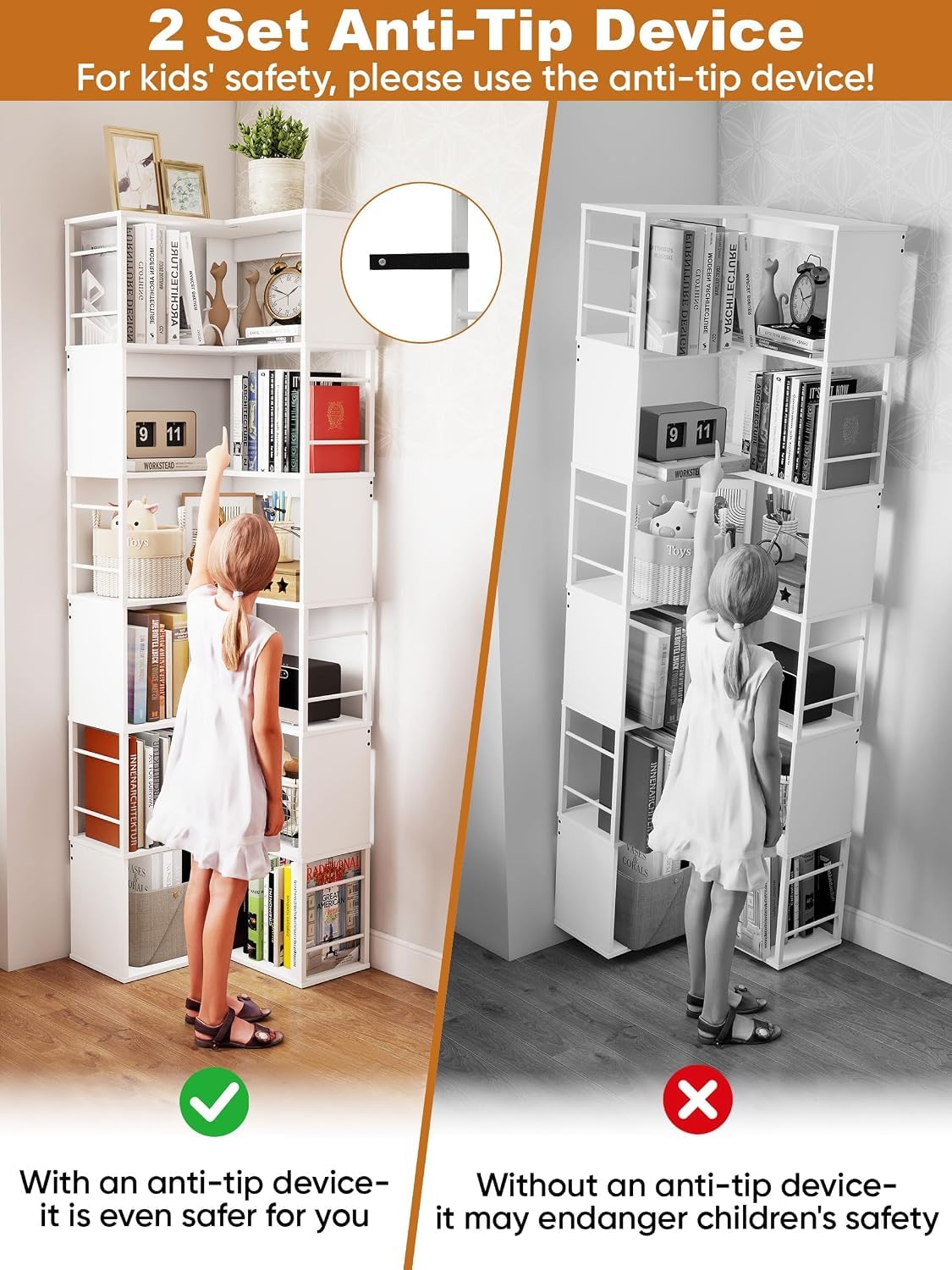 Quikraen 7-tier Corner Bookshelf, Tall L-Shaped Bookcase,White