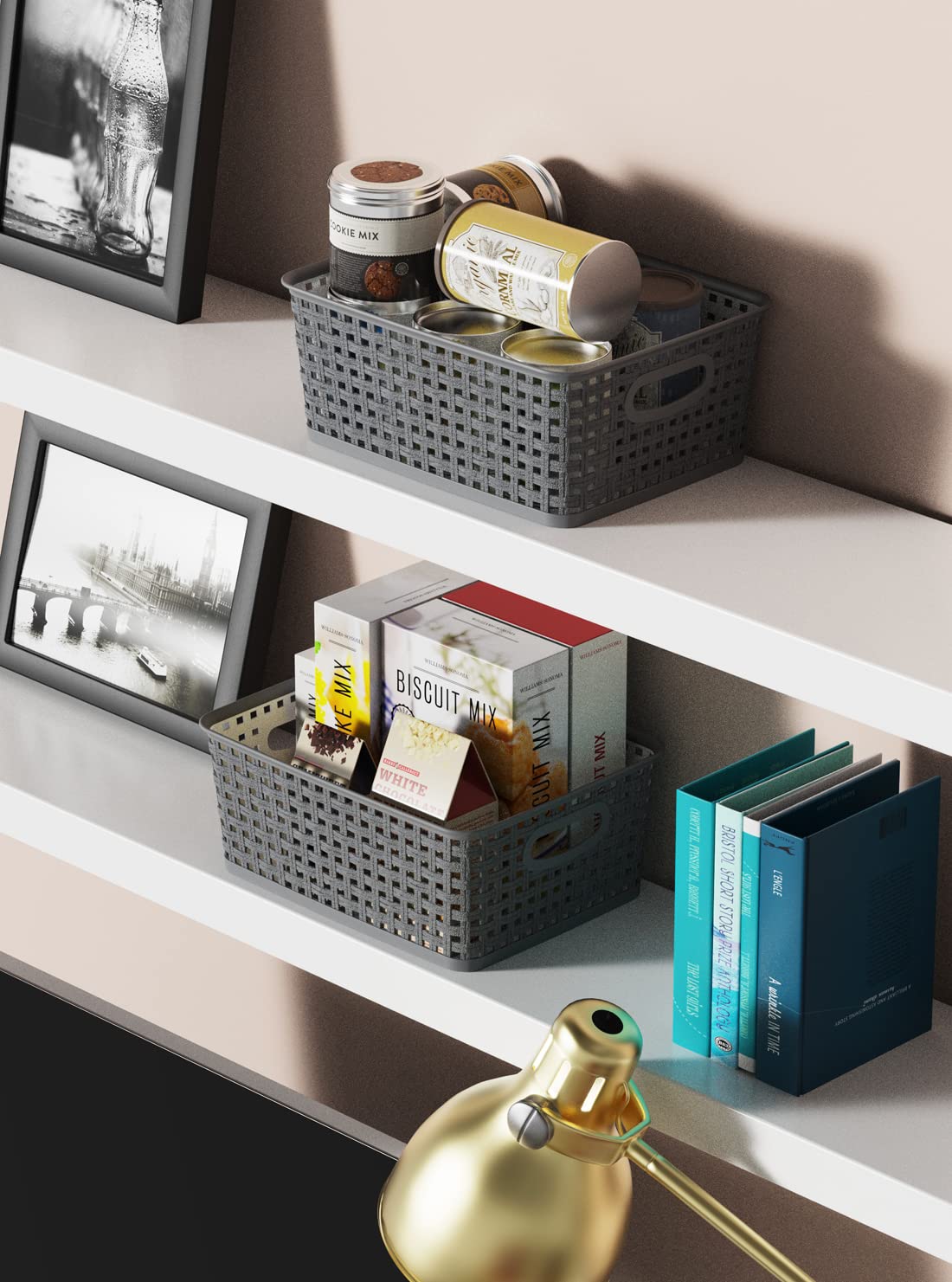Weave Storage Organizer Baskets, Grey 6-Pack Plastic Woven Baskets, 10.1" x 7.55" x 4.1"