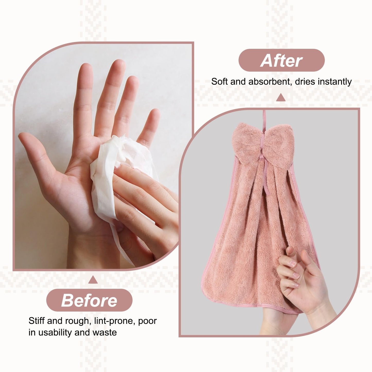 sourcing map 4Pcs Bow Hand Towels with Hanging Loop, 14.2" x 12.2" Soft Coral Fleece Microfiber Bowknot Hanging Hand Dry Towels Quick Dry and