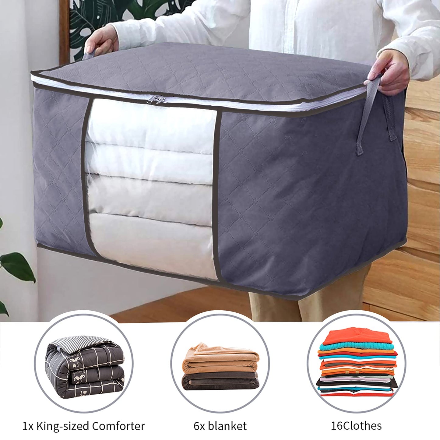 90L Storage Bags with Lid and Zips,3 Pack Foldable Storage Box with Reinforced Handle Thick Fabric Clear Window for Clothing Bedding Blankets, Grey