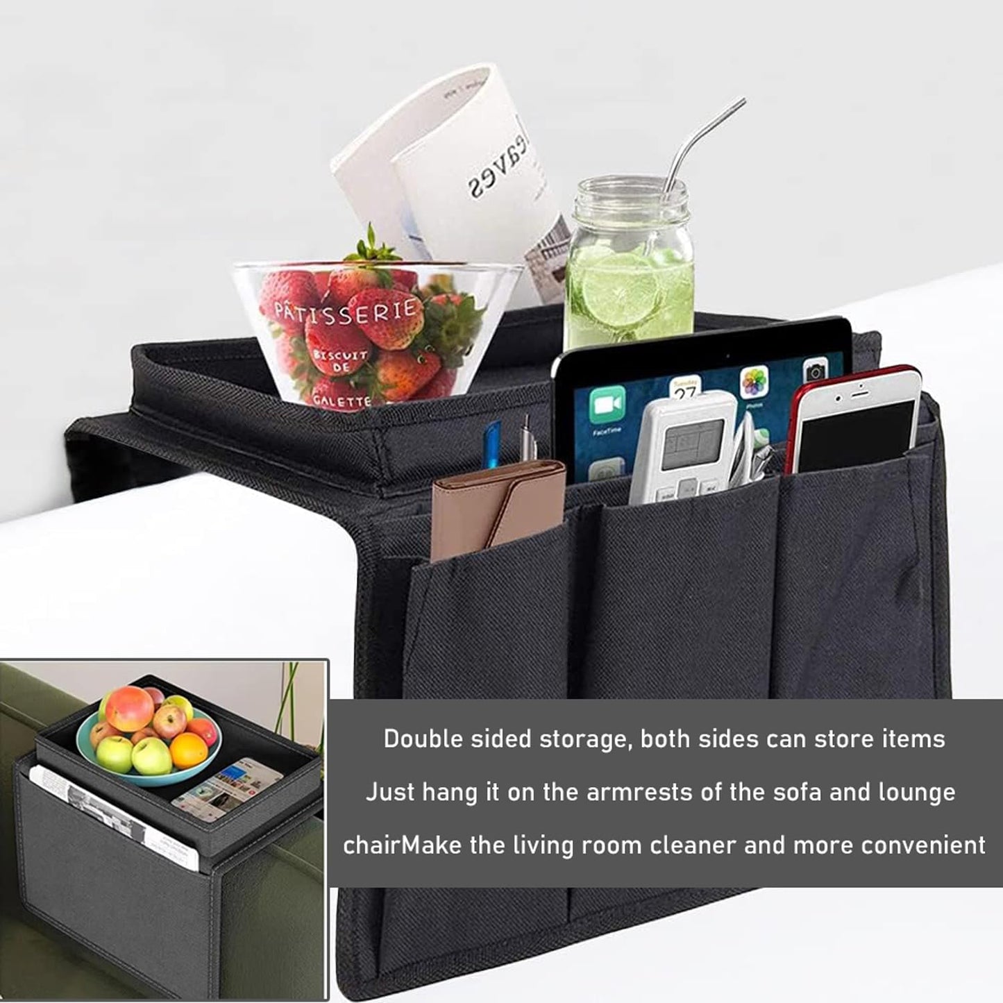 Sofa Armrest Organizer Candy Organizer with Tray & 5 Pockets, Foldable Couch Arm Rest Storage Bag Sofa Armchair Hanging Storage with Cup Holder for