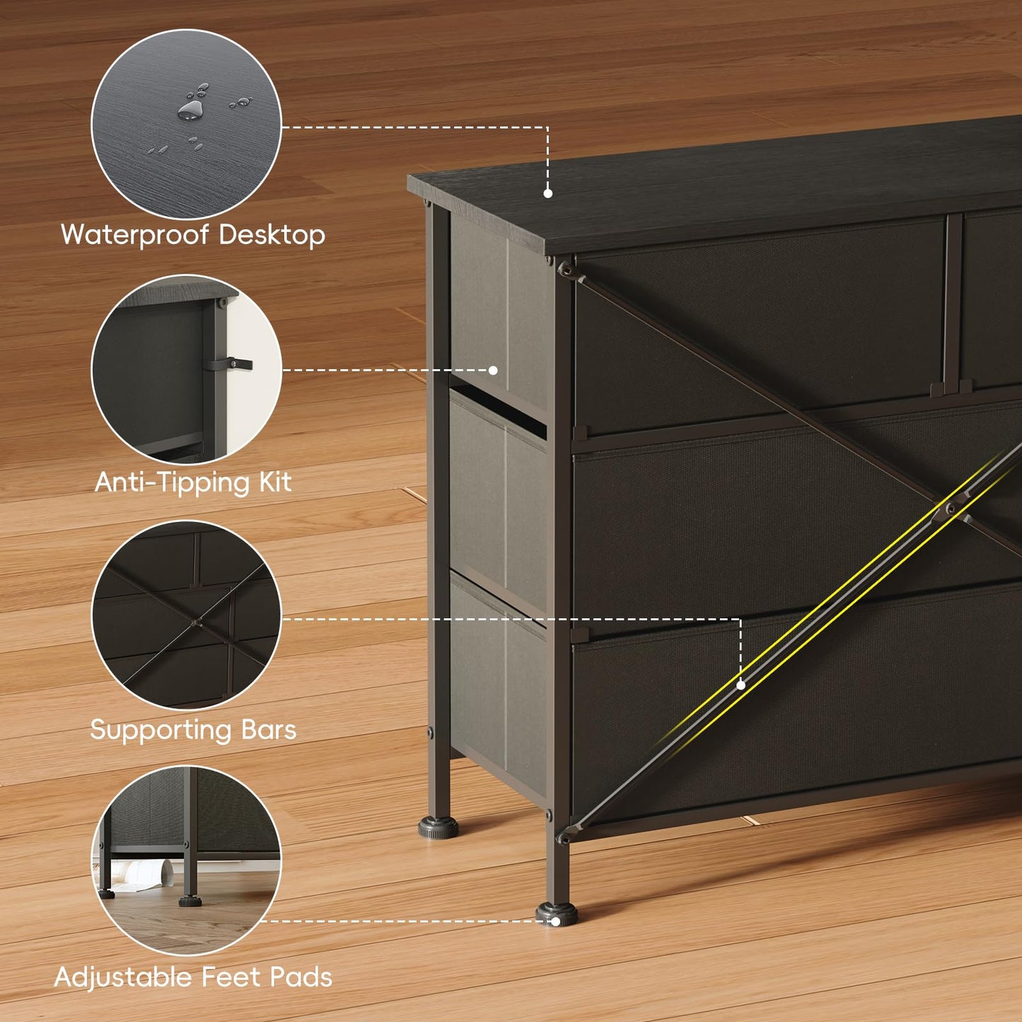 VERMESS Bedroom Dresser & Chests of Drawers with 10 Fabric Drawers, TV Stand Cabinet Unit for 65", 70" TV, Dresser Storage Organizer