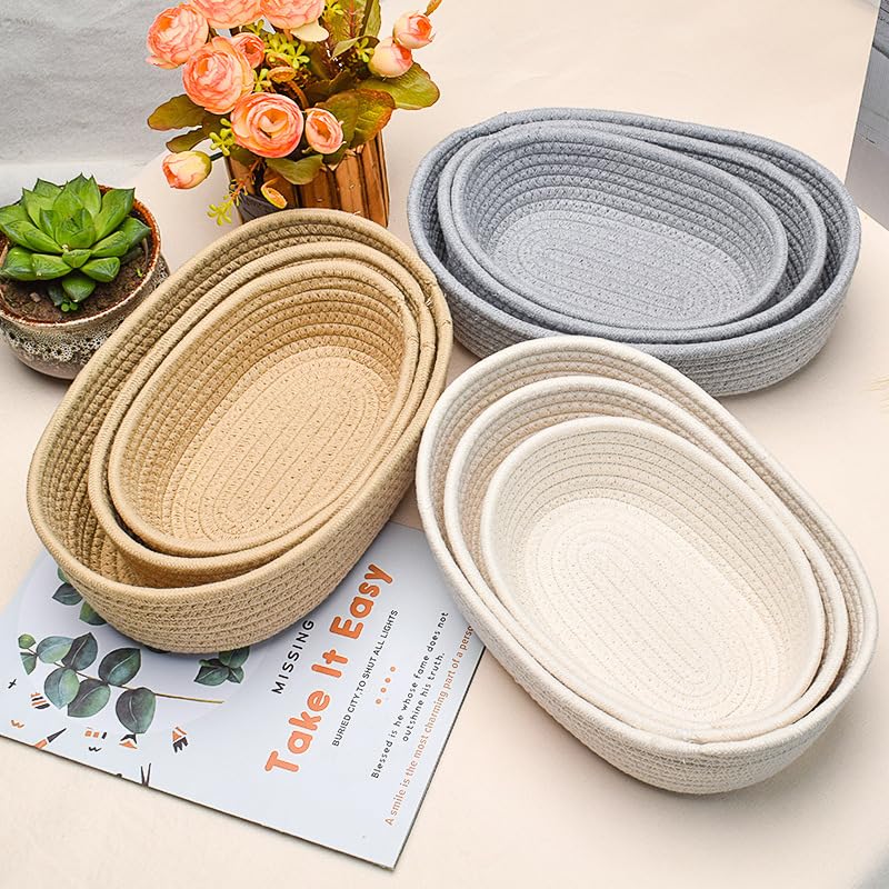 Cotton Rope Storage Baskets Set of 3 - Woven Storage Baskets for Organization, Available in White Grey Beige Gray