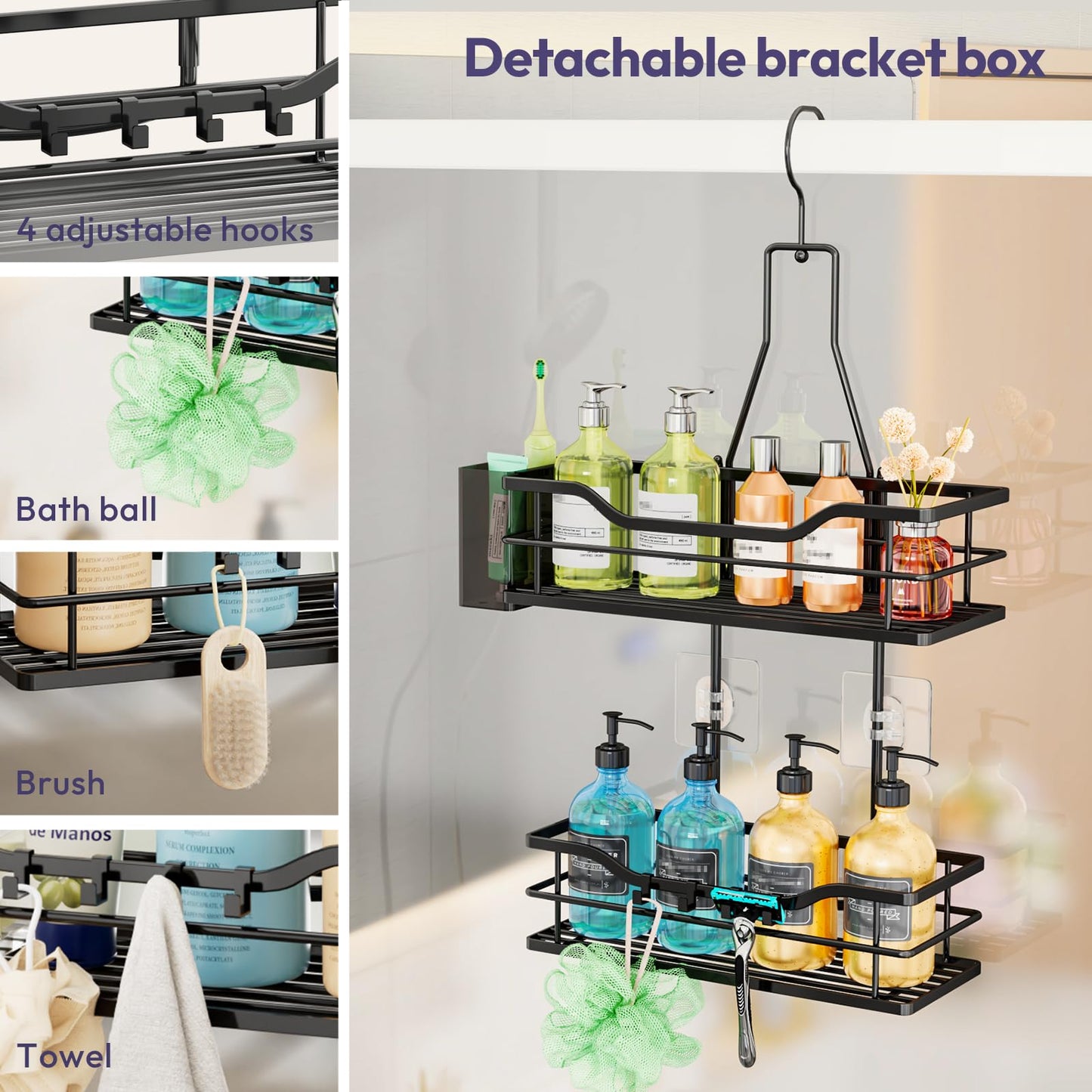 SWTYMIKI Shower Caddy Hanging Organiser-2-Tier No Drill Shower Organiser with 360° Rotating Hook