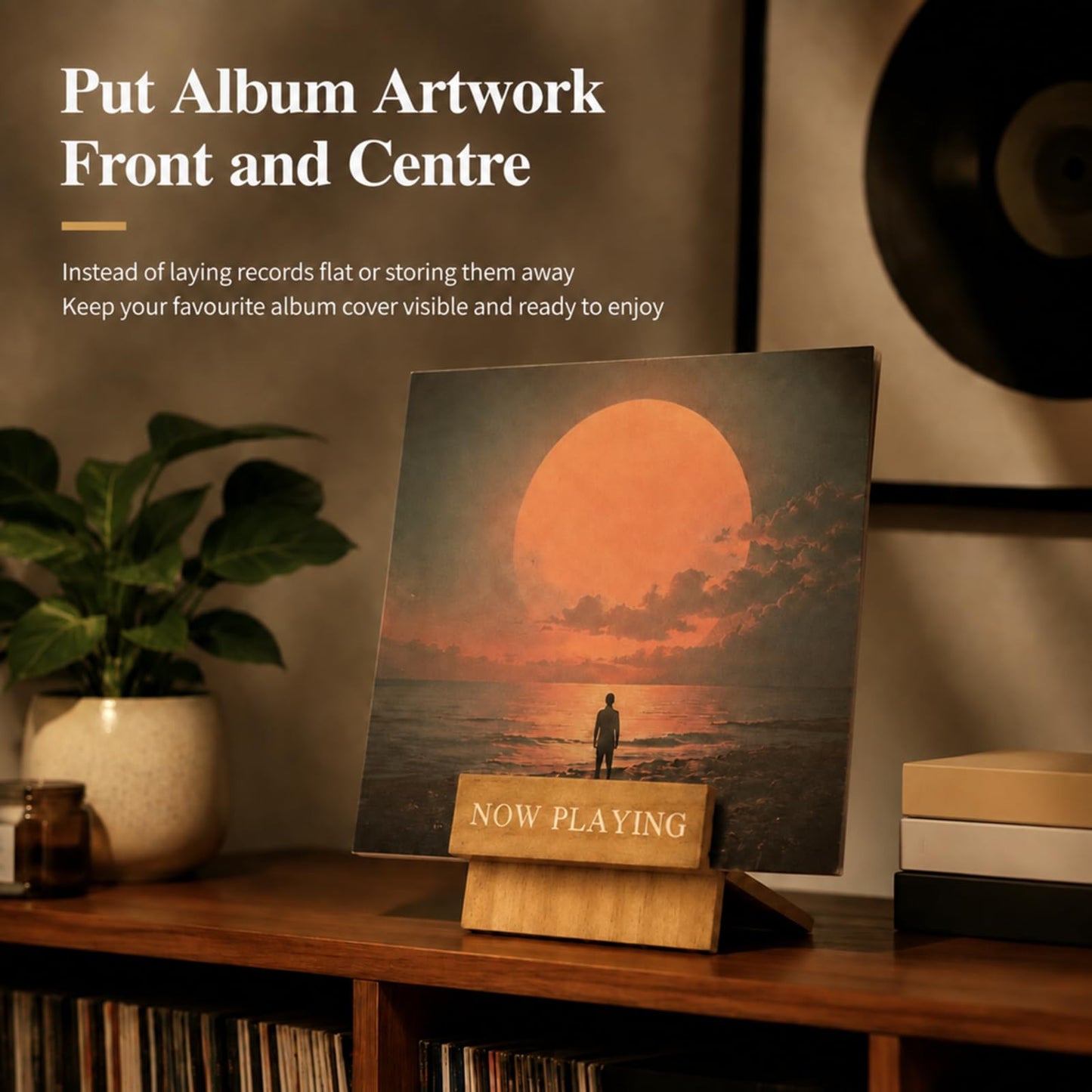 PAXQNVTR Now Playing Vinyl Stand, Wooden LP Record Display Holder for Turntable Setup, Brown Album Cover Stand for Vinyl Lovers