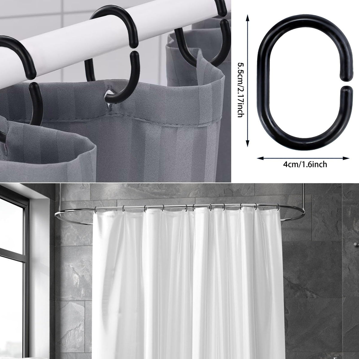 MAOQYE 24 Packs Shower Curtain Rings, Black Shower Curtain Hooks Plastic C-Shaped Bath Drape Loop Rail Rings for Bathroom Shower Window Rod