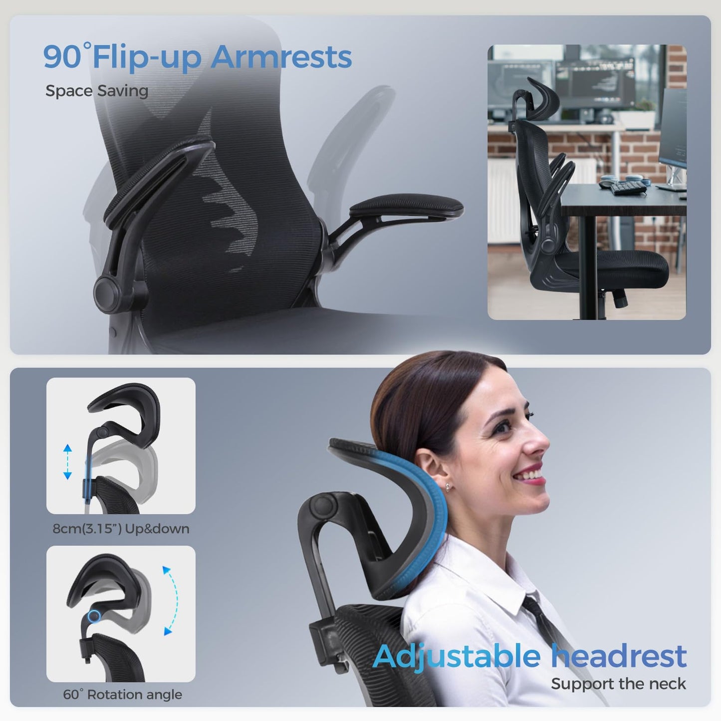 OWAY HOMELIVING Ergonomic Office Chair with Adjustable Lumbar Support & High-Back Mesh Desk Chair 150kg Capacity & 125° Recline & Flip-Up Armrests