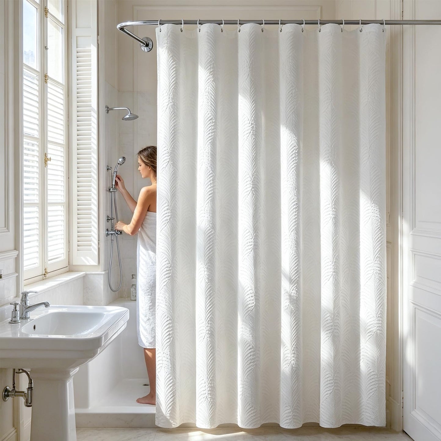 White Shower Curtain 120 cm x 200 cm for Small Bathroom - Thick Fabric Shower Curtains with Hooks & Weighted Hem