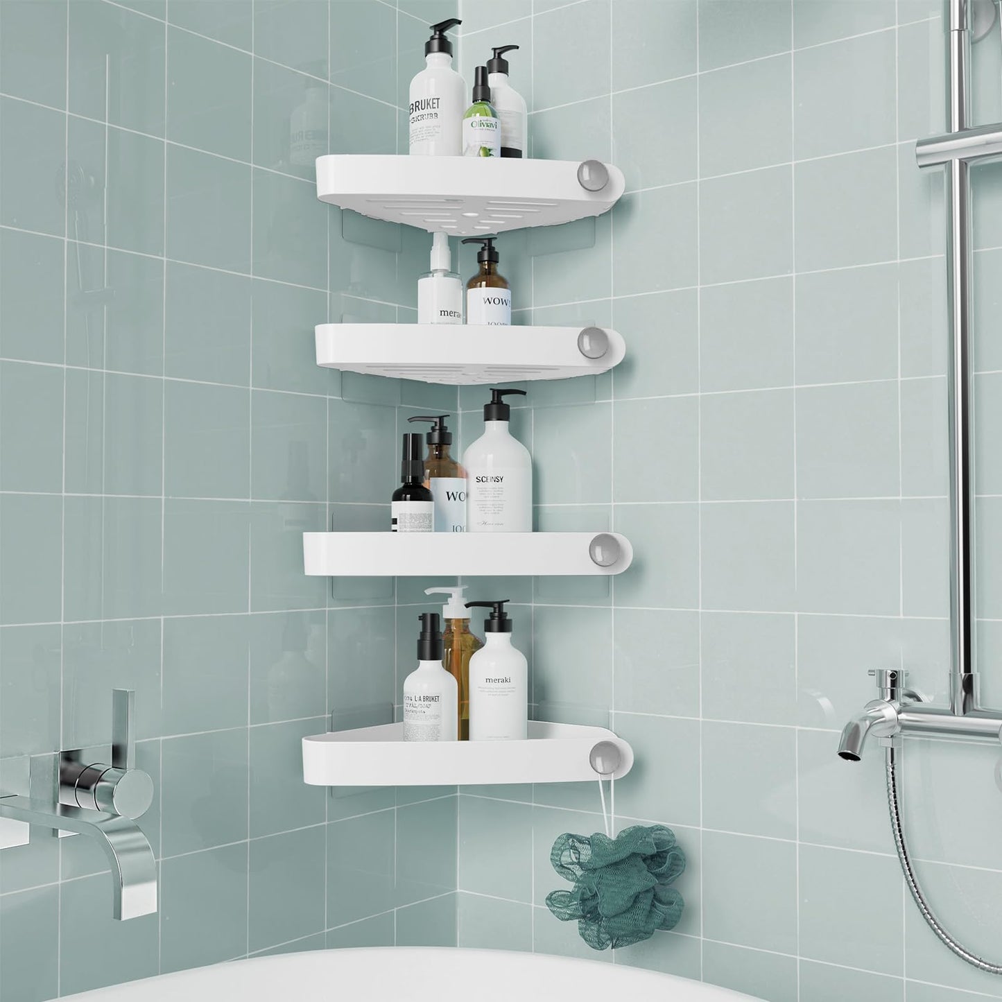 Sotfamily 4 Packs Corner Shower Caddy, No Drill Shower Organiser with Adhesive Pad, Rust Free Plastic Shower Storage for Bathroom, Kitchen, Toilet