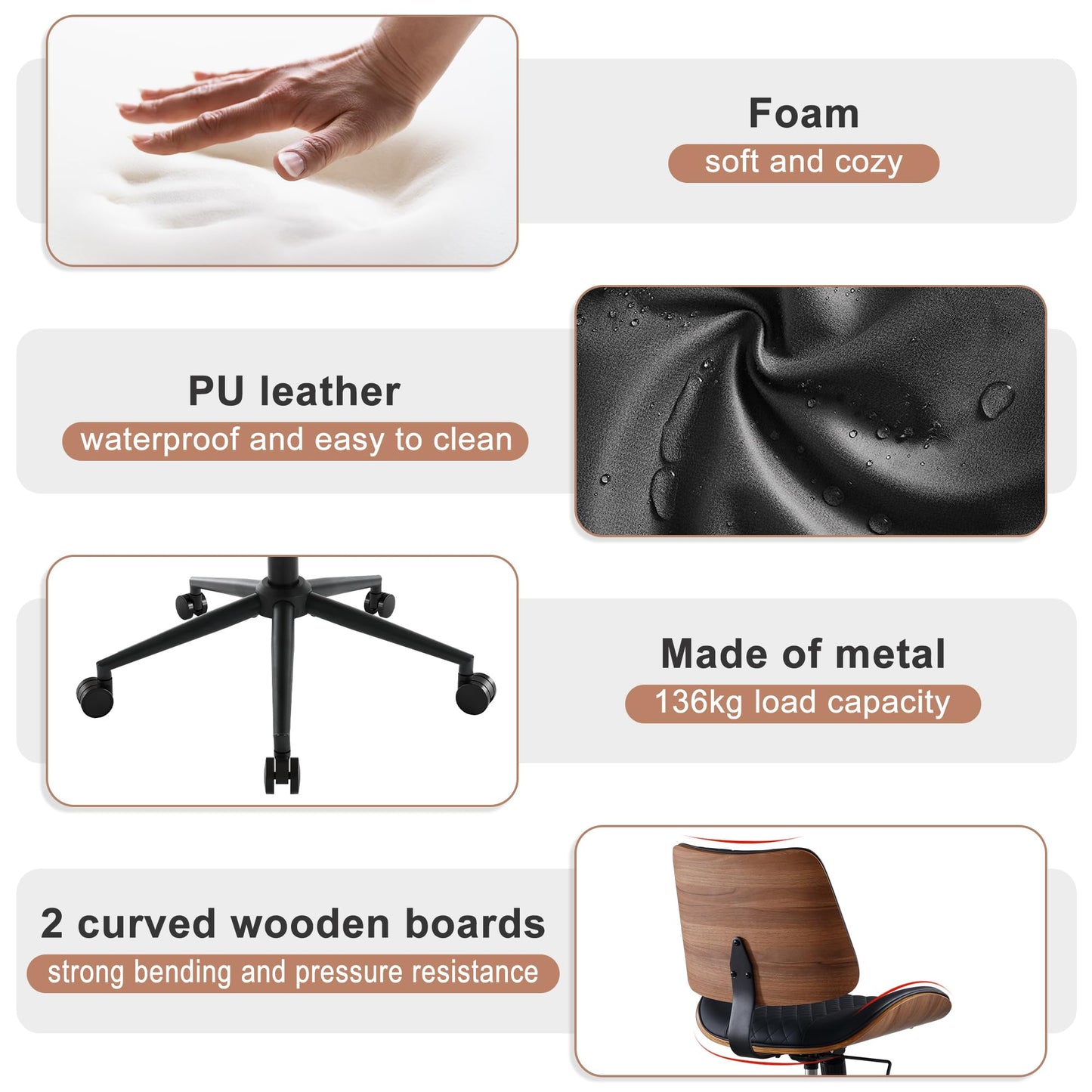 BERYTH Armless Desk Chair with Wheels Boucle Home Office Chair 360° Swivel Adjustable Height PU Leather Max. 136kg Mid Back Modern Bentwood Walnut