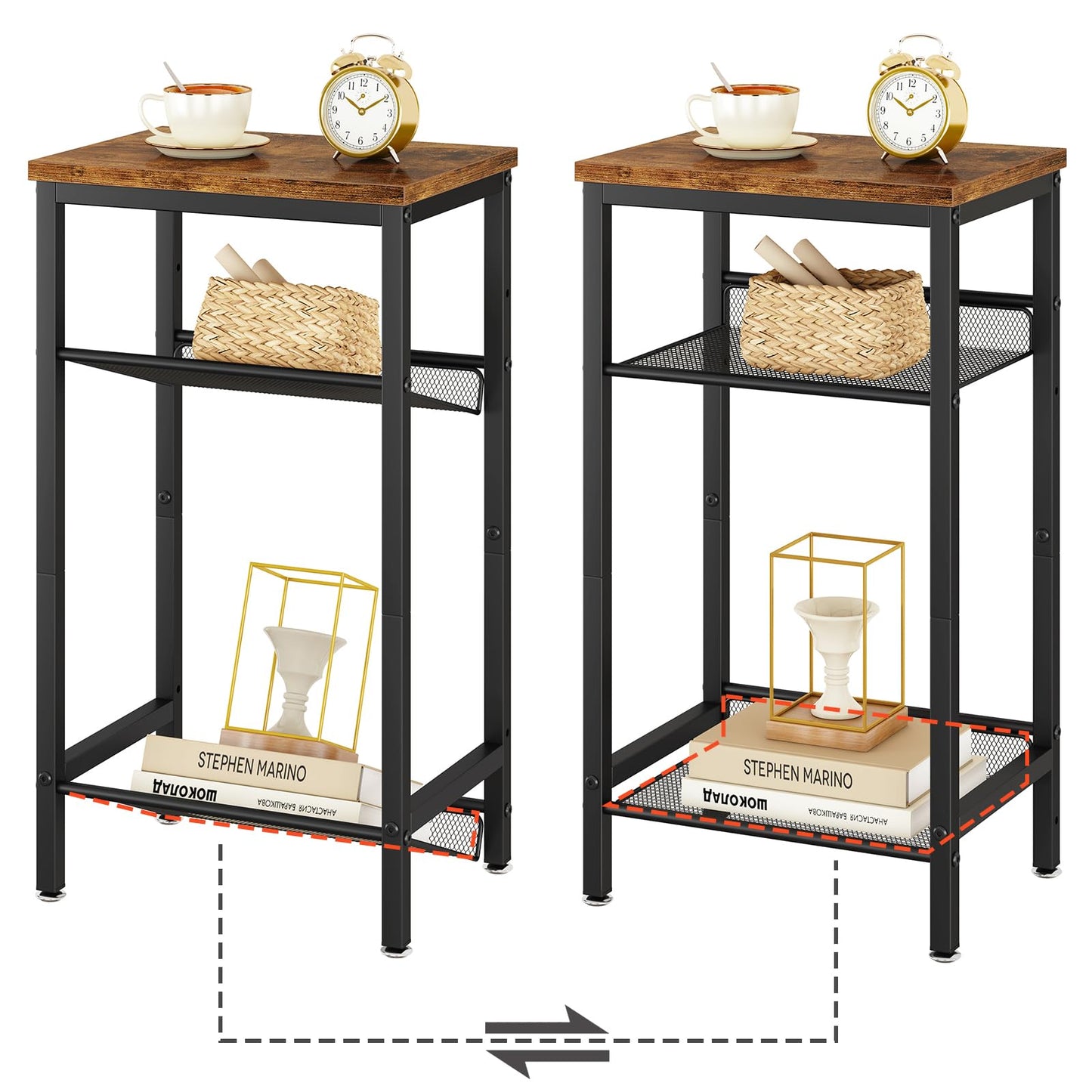 YMYNY Tall Side Table, Nightstand, Small Bedside Table with Shelves, Industrial Style, Adjustable Wire Mesh, for Living Room, Bedroom, Entryway