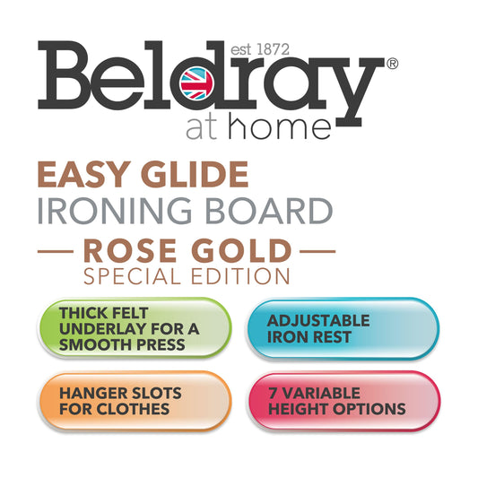 Beldray LA031596ROSEFEU7 Ironing Board - Folding Collapsible Ironing Table, Adjustable Iron Rest, 7 Height Options, Thick Underlay for Smooth Press,