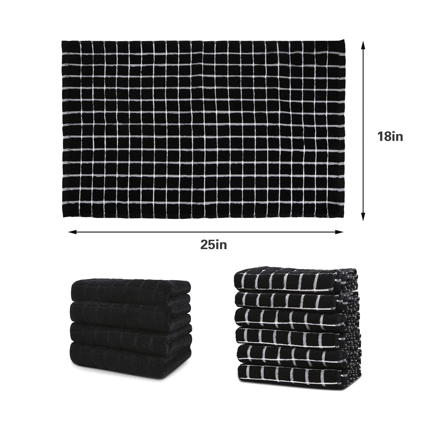 samsto Kitchen Towels Cotton Black - Tea Towels Absorbent - Thick Dish Hand Towels for Kitchen with Hanging Loops, 45x65cm, 4 Pack