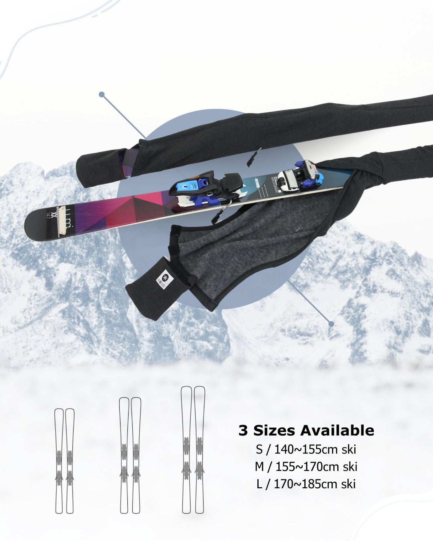 MONS Snow Skis Protection Fabric Soft Sleeve Cover Wide Open Easy Pack (M)
