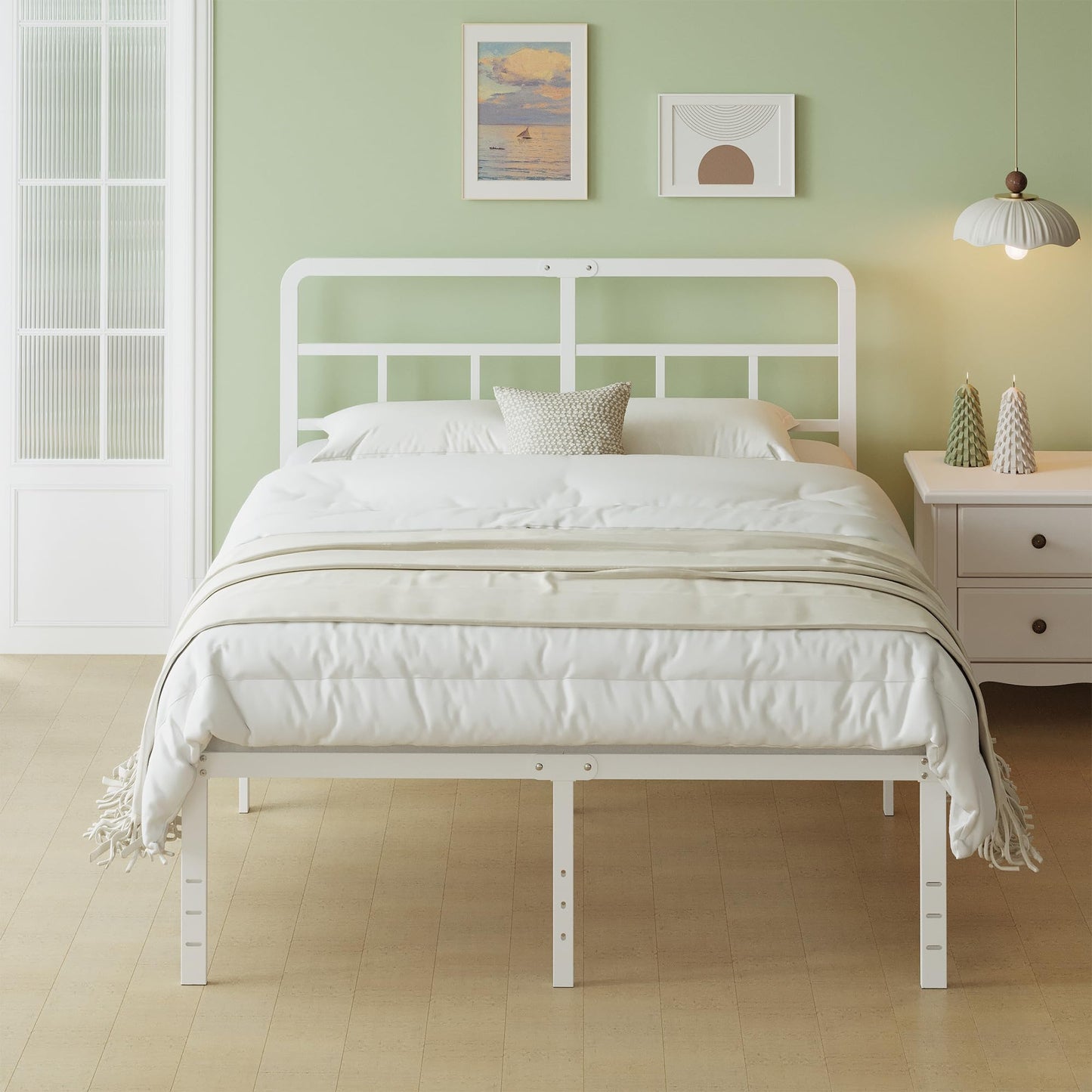 Lutown-Teen Metal Bed Frame 140 x 200 cm with Curved Headboard, 4ft 7 Heavy Duty White Bed Frame 46 cm High with Steel Slat Support, Under-bed