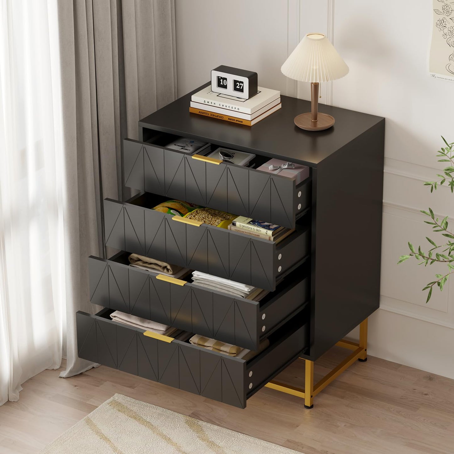 GarveeMore Chest of Drawers, 4 Drawer Wooden Bedroom Chest Cabinet with Metal Legs & Gold Handle, Modern Wide Storage Dresser for Bedroom