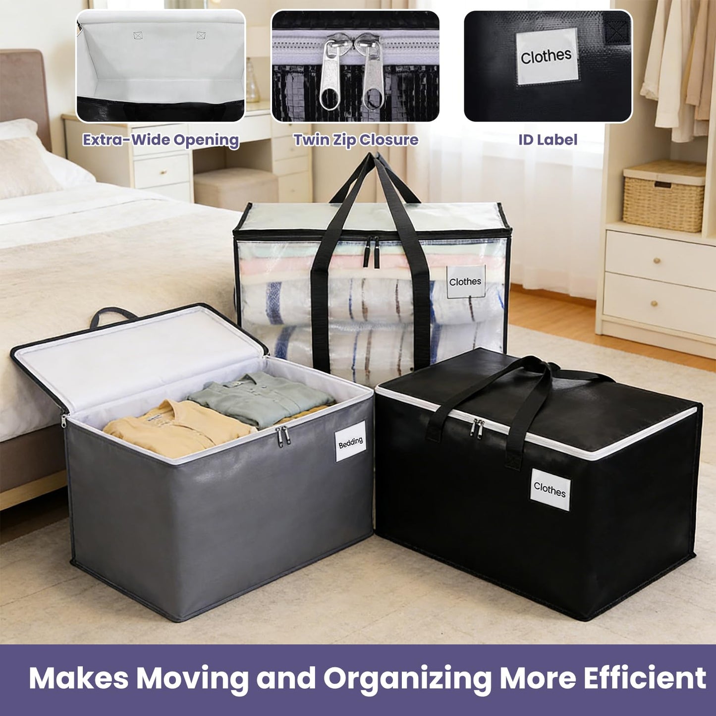 6 Pack Large Moving Bags, Foldable Storage Bags for Loft, Bedding, Clothes & Toys, Heavy Duty Packing Bags with Handles, Backpack Straps & Zippers