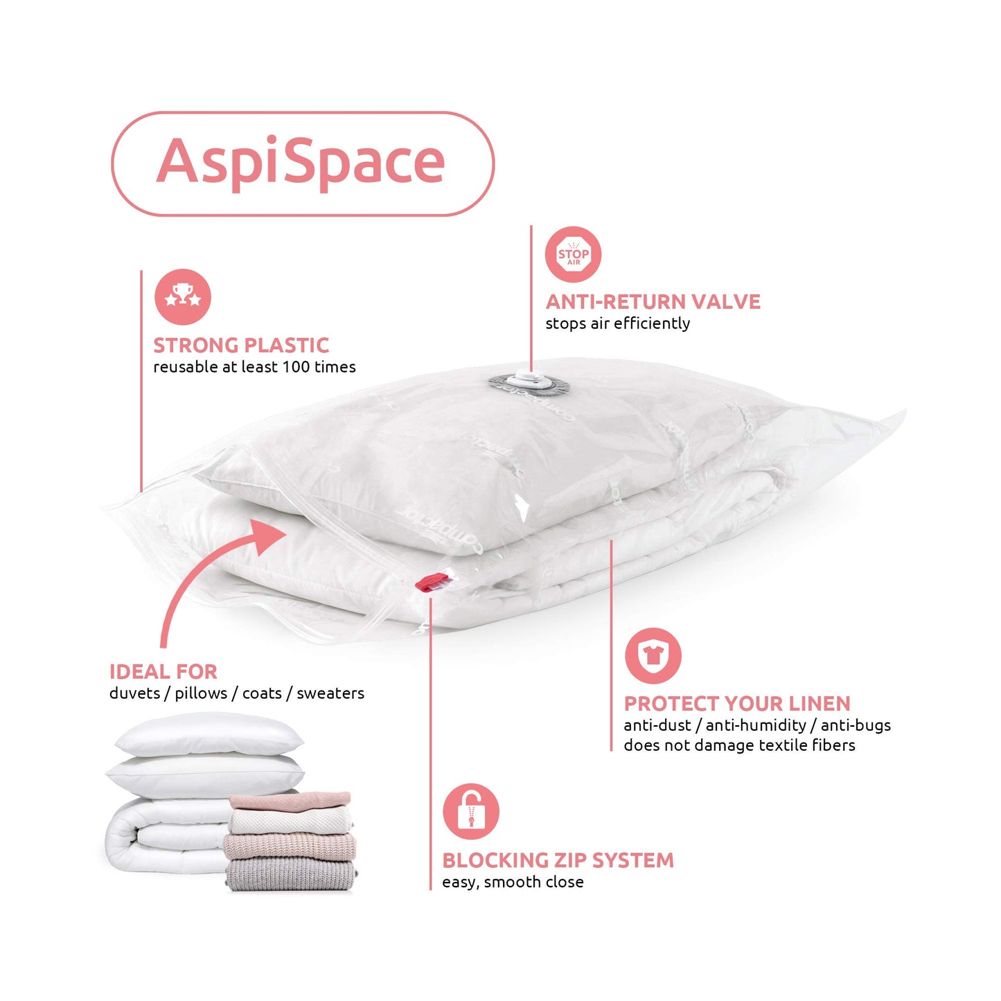 Compactor Aspispace Set of 10 Medium Vacuum Compression Bags – Reduces Volume By 3X, Reusable, Transparent