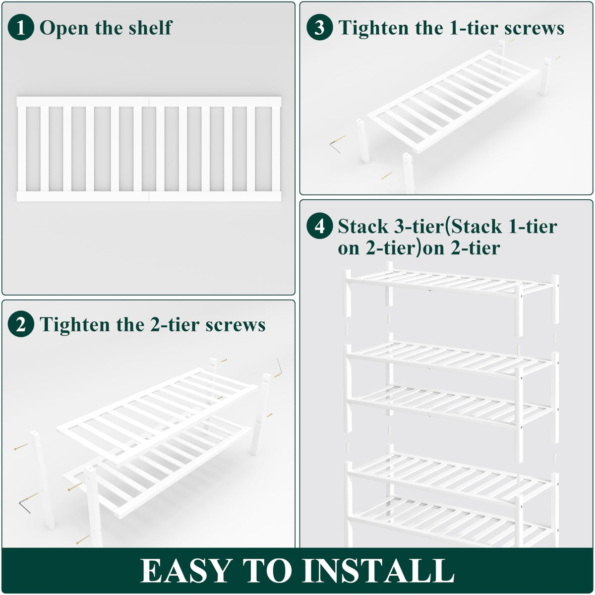 smiry Shoe Rack, 5 Tier Bamboo Shoe Organizer, Stackable Free Standing Wooden Shoe Storage Shelf for Entryway, Front Door Entrance, White