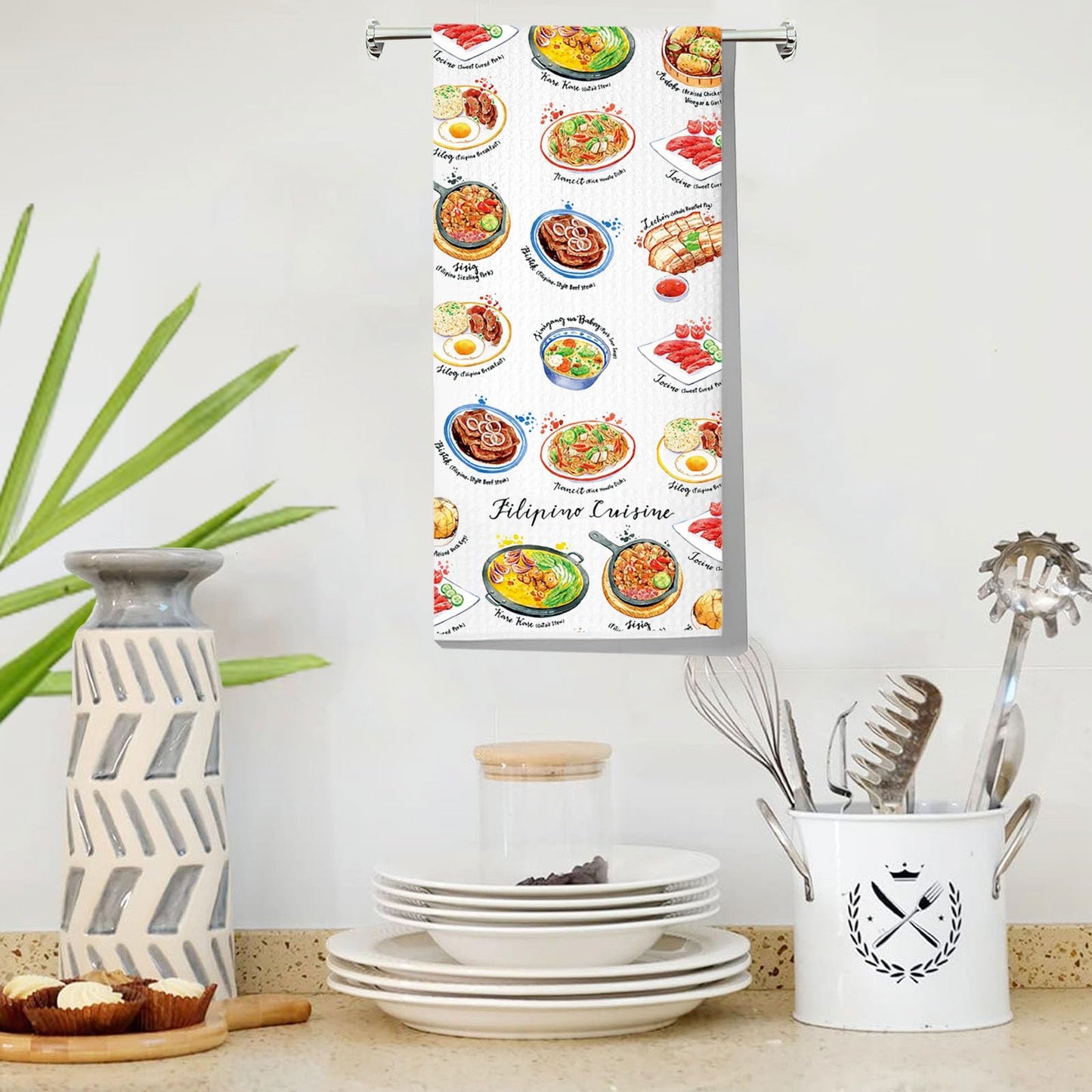 LEVLO Filipino Cuisine Kitchen Towel Philippines Travel Gifts Philippines Culture Dish Towels Filipino Housewarming Gift (Filipino Cuisine Towel)