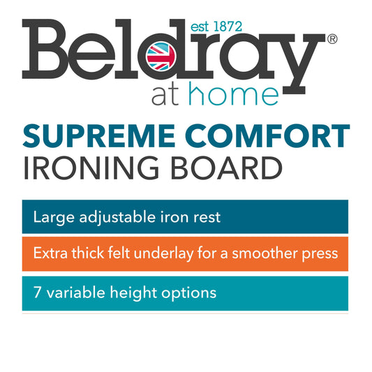 Beldray LA031251PALM1FEU7 Supreme Comfort Ironing Board Folding Collapsible Table For Compact Storage, Large Adjustable Iron Rest, 7 Heights, Heat