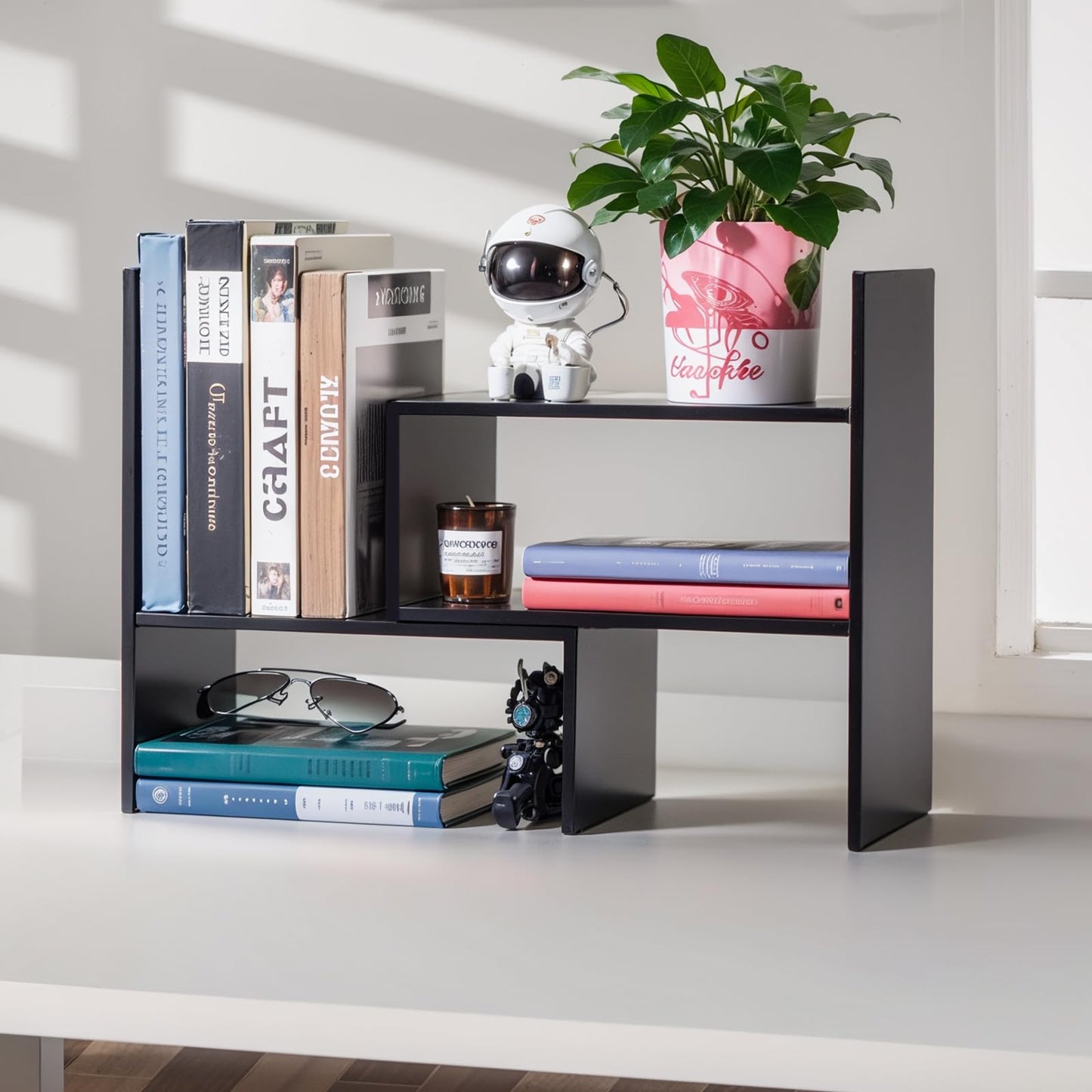 Dyserbuy Desk Shelf, Adjustable Desktop Bookshelf, Small Book Shelf, Desk Book Storage, Wooden Desktop Organiser for Office, Home, Study, Black