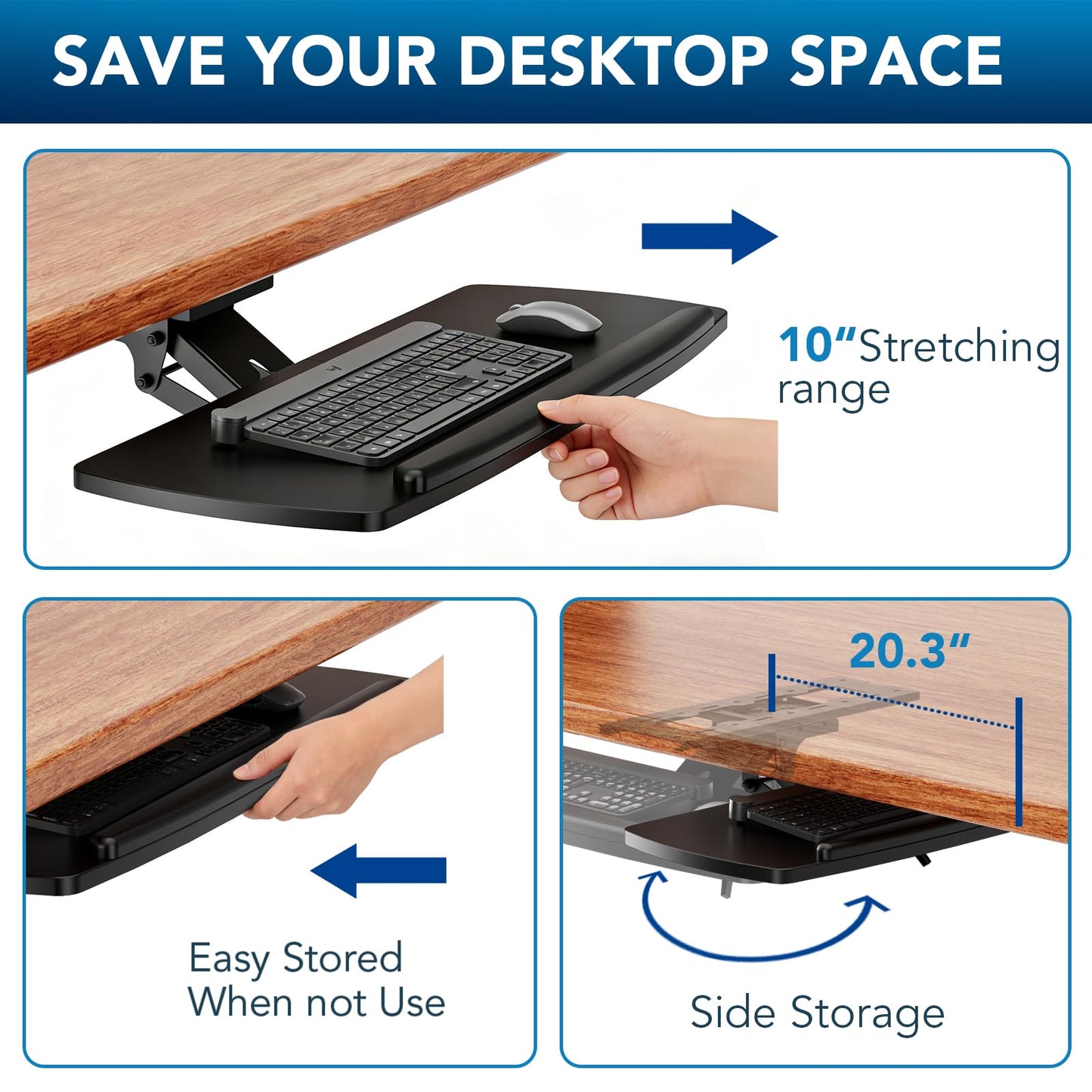 AX WABER Keyboard Tray Under Desk with Storage Drawer, Height Adjustable Keyboard Tray Slide Out 360° Swivel Tilt