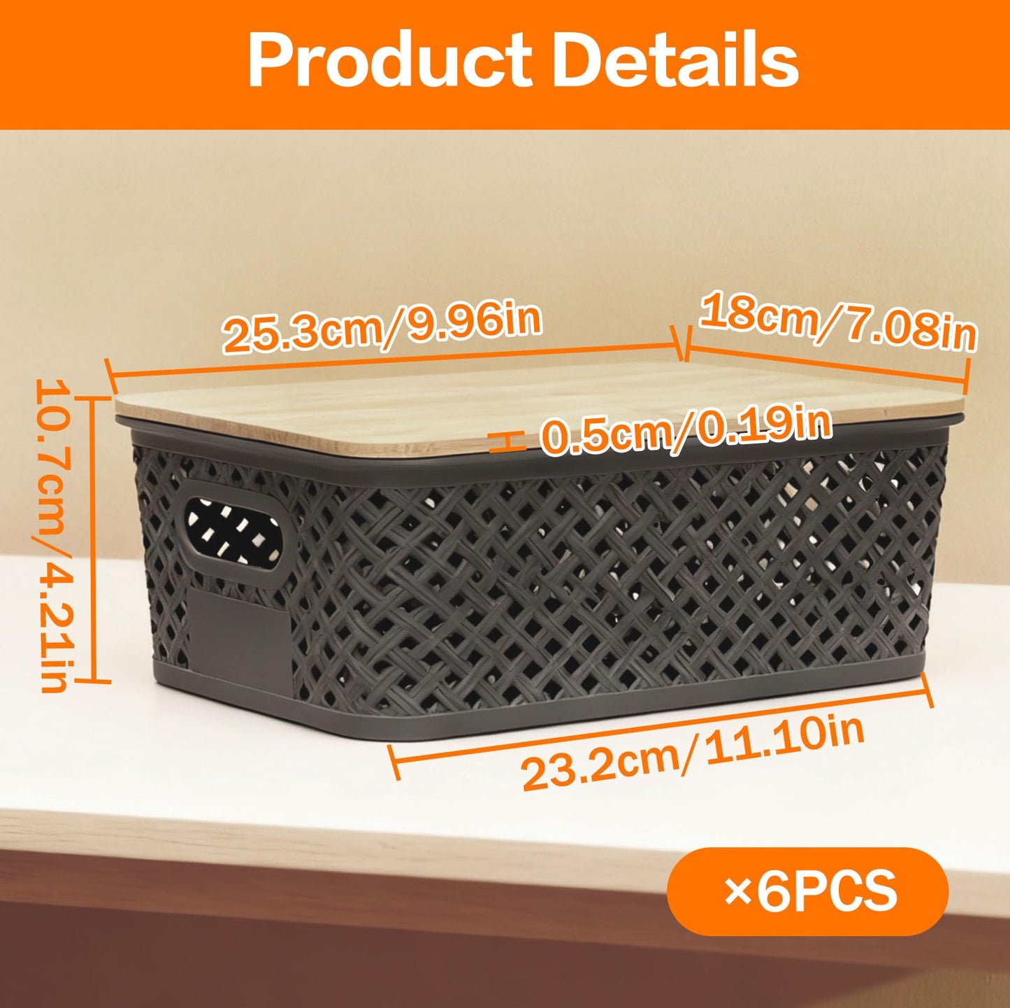 6 Pack Stackable Plastic Storage Boxes with Bamboo Lids & Handles, Ventilated Mesh Baskets for Kitchen/Bathroom Storage