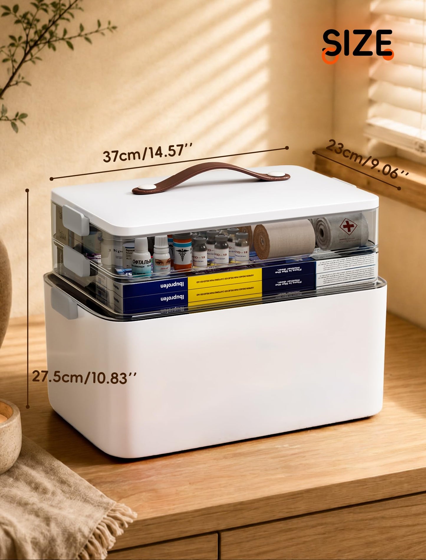 Medicine Storage Box, 3-Tier Medicine Organiser with Carry Handle, Large First Aid Storage Container with Clear Trays, White Medicine Storage Case