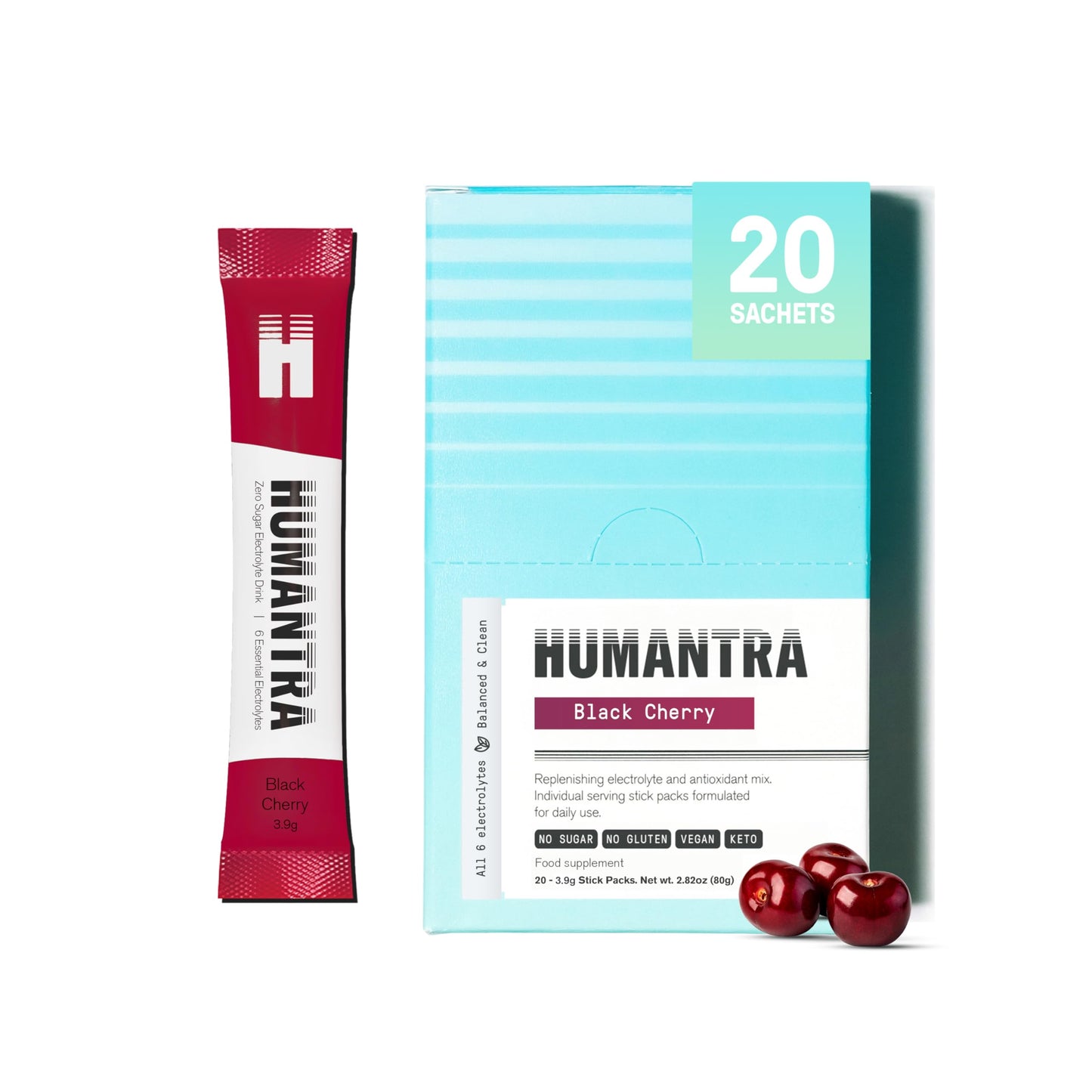 Humantra Electrolyte Packets | Zero Sugar | W/ 6 Electrolytes | Electrolytes Powder (20 Count, Black Cherry)
