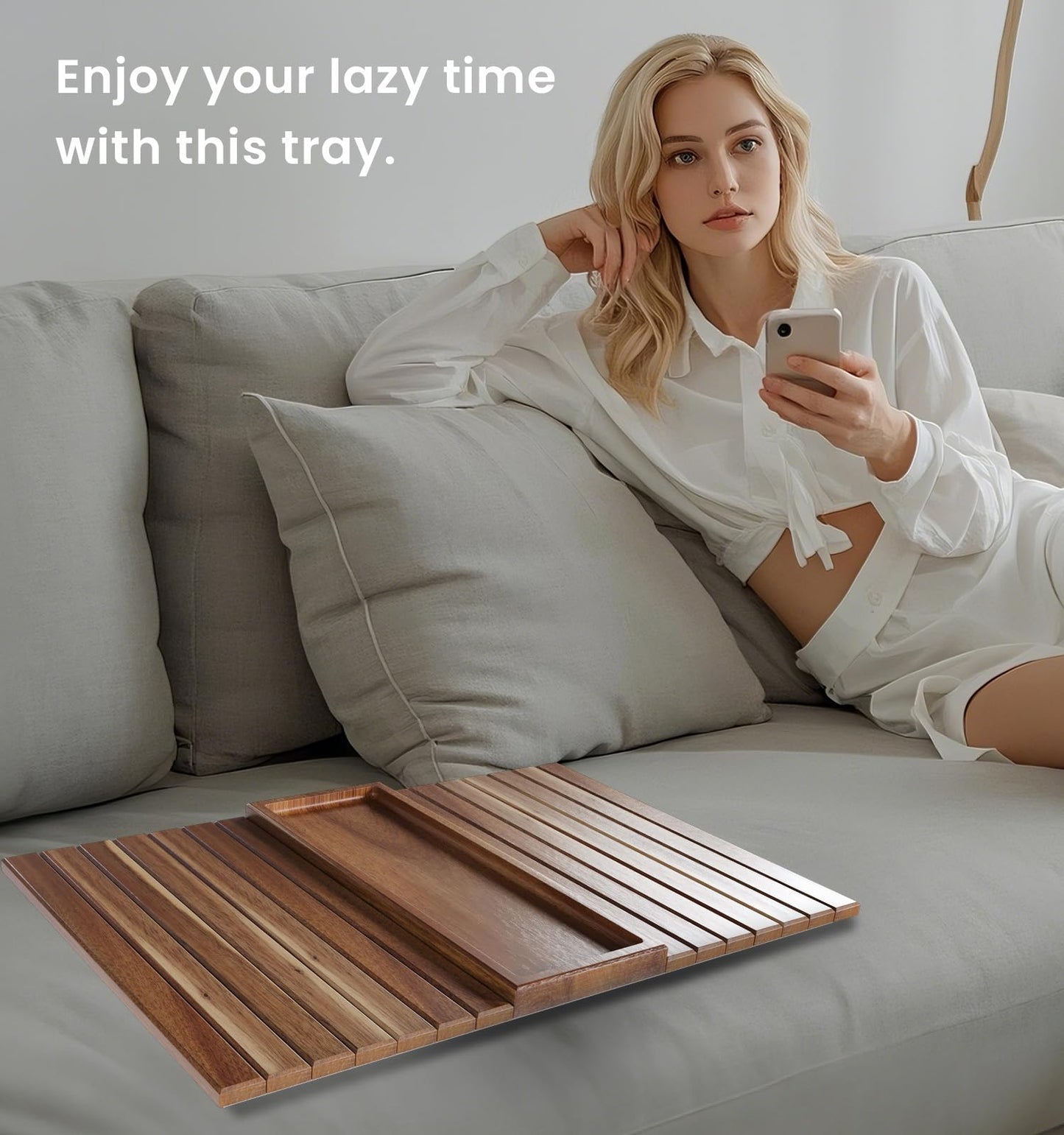 Fibogollo Sofa Arm Tray,Acacia Wood Folding Couch Arm Tray,1 pc Sofa Armrest Tray with Anti-Slip Pad for Drinks,Snacks,Phone,Remote Control
