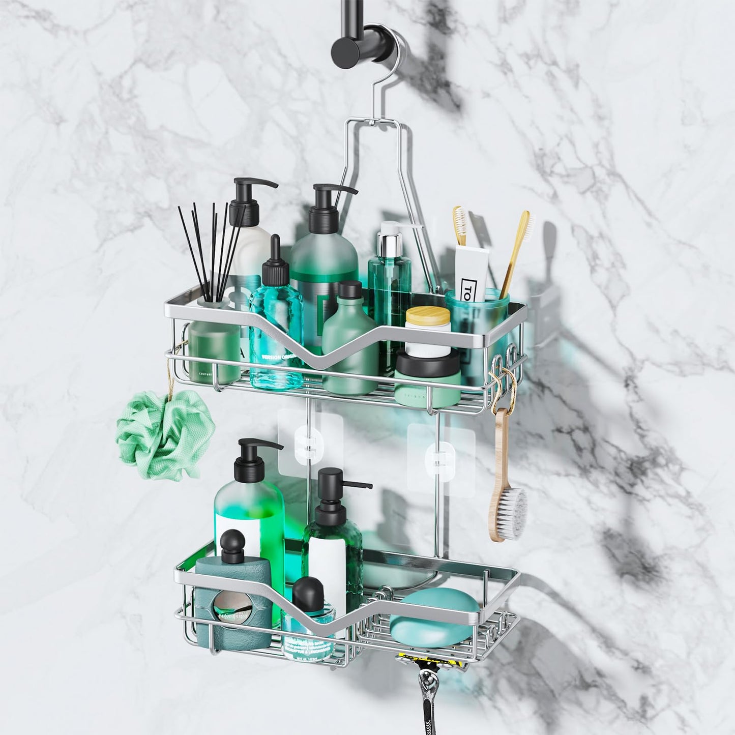 SWTYMIKI 2-Tier Hanging Shower Caddy - Stainless Steel Shower Shelf, No Drilling Installation, Includes Razor & Soap Holder for Bath Balls, Towels,