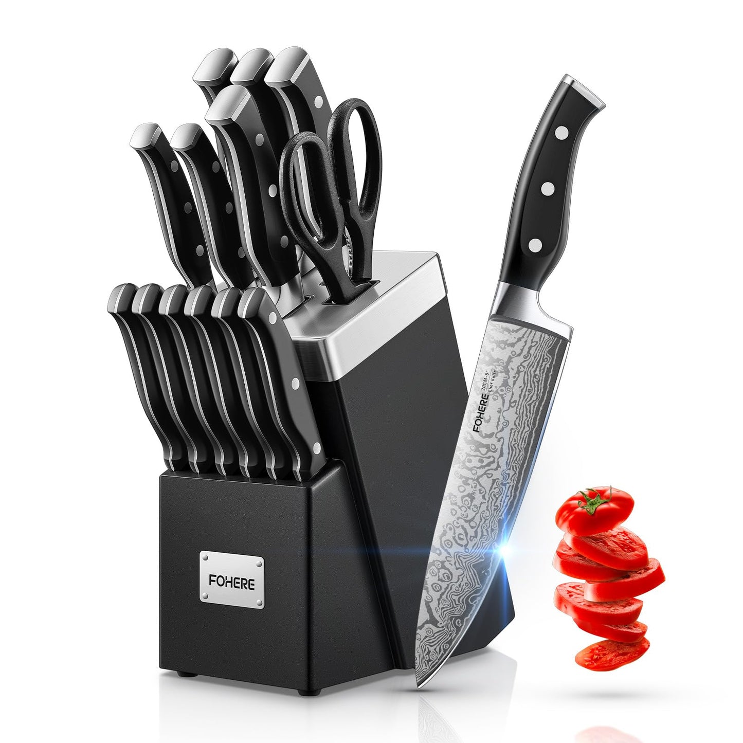 Knife Set, FOHERE 14 Pieces Kitchen Knife Set with Integrated Sharpener, High Carbon Stainless Steel Knife Block Set with Waved Pattern, Rust & Stain