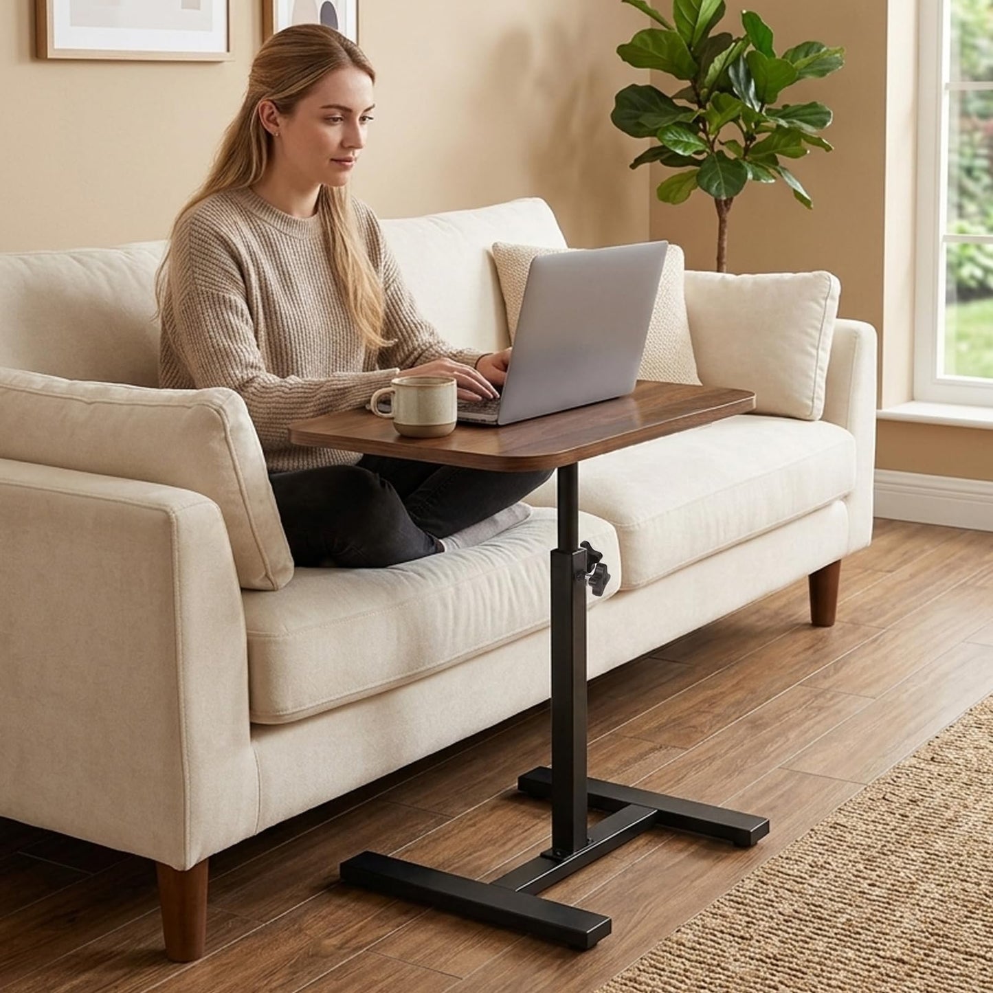 Simcat C Shaped Side Table Adjustable Height,360°Swivel Overbed Table, Top Tilting Laptop Stand Tray Tables with Wheels
