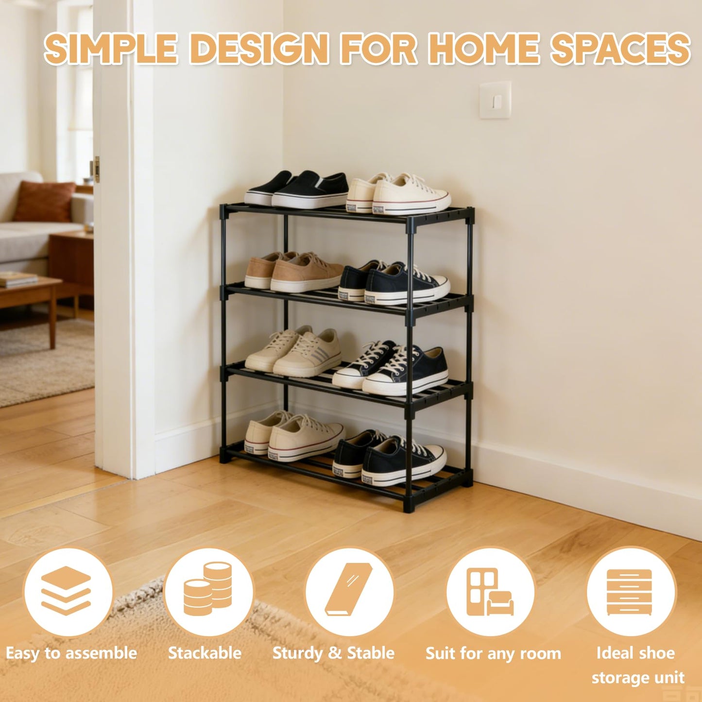 Lichamp Shoe Rack,4 Tier Stackable Shoe Rack,Shoe Storage Organiser Mini Shoe Organizers with Quick, Footware Storage Tool-Free Assembly for Entryway