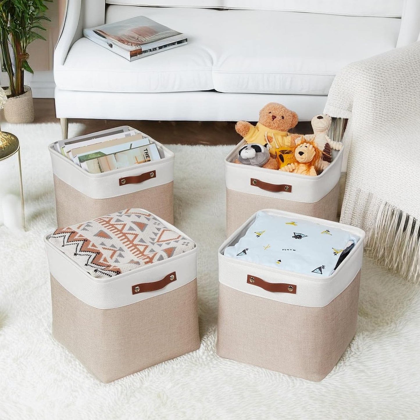 VIIHTYISA Fabric Storage Box, 4-Piece Set 30x30x30cm Cube Storage Boxes with Faux Leather Handle for Cube Shelves, Closet, Wardrobes | Khaki & White