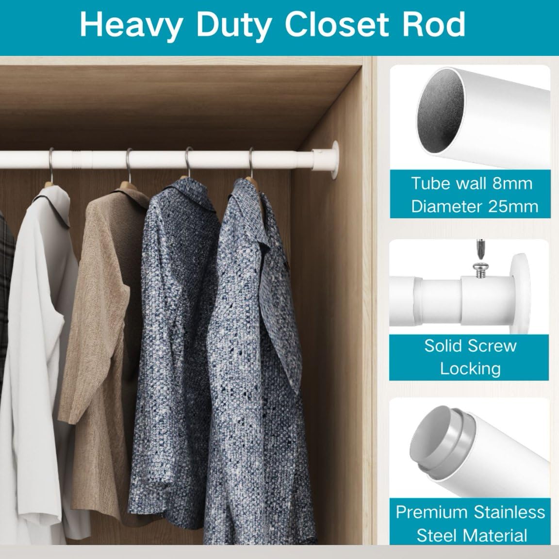 Wardrobe Rail, Extendable Clothes Rail Wall Mounted Wardrobe Hanging Rail for Clothes, Bedroom,Windows and Showers, 45-68CM/Diameter 25MM,White