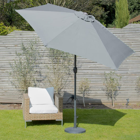 GardenKraft 14730 2.7m Outdoor Garden Parasol/Tilt & Crank Mechanism / 6 Steel Ribs/UV 30 Protection/Durable Polyester Material/Grey Colour
