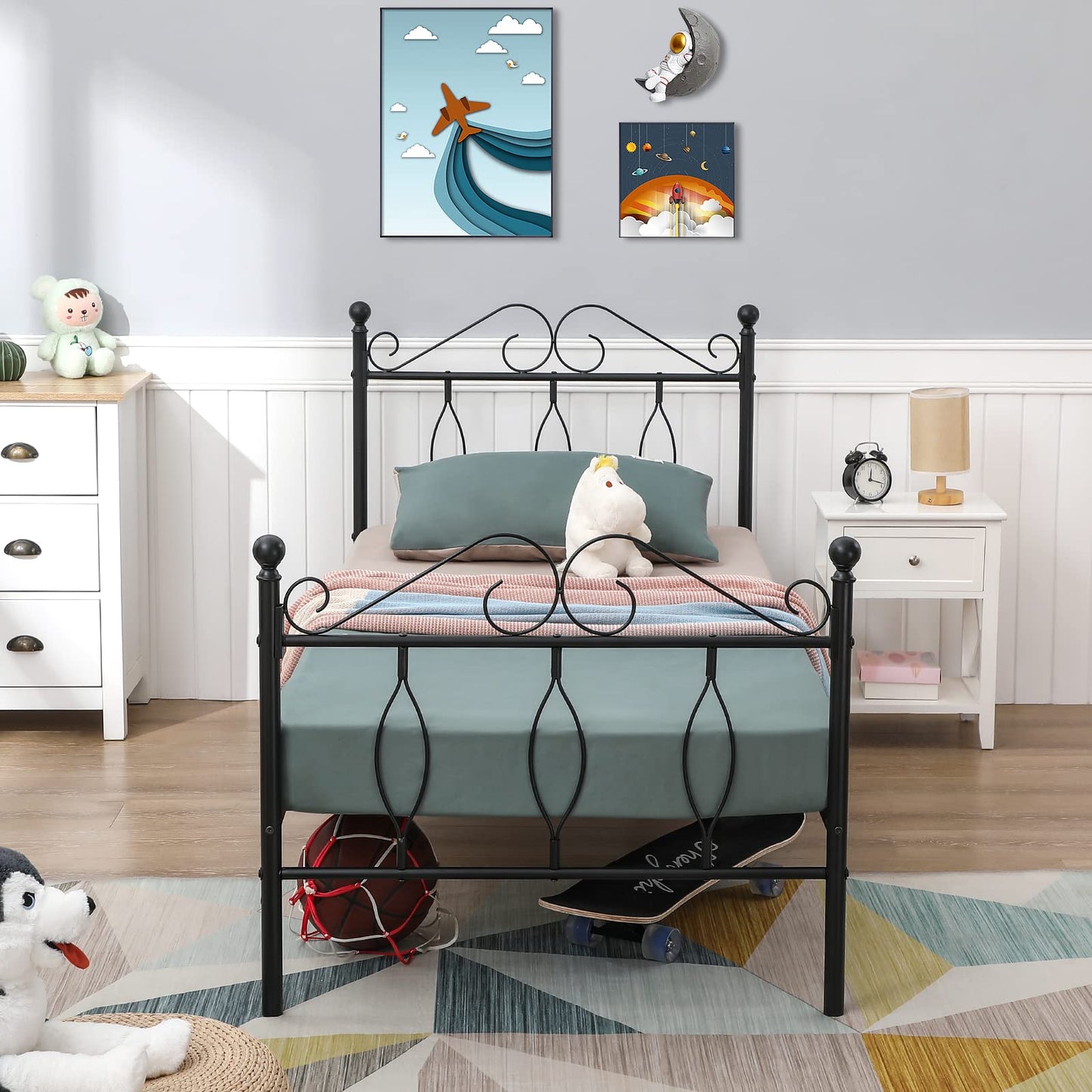 FurnitureR Metal Bed Frame 28 cm Underbed Storage Simple Design Metal Bed Frame Suitable for 90 x 190 Mattress, Non-Slip and Noise-Free, Black,