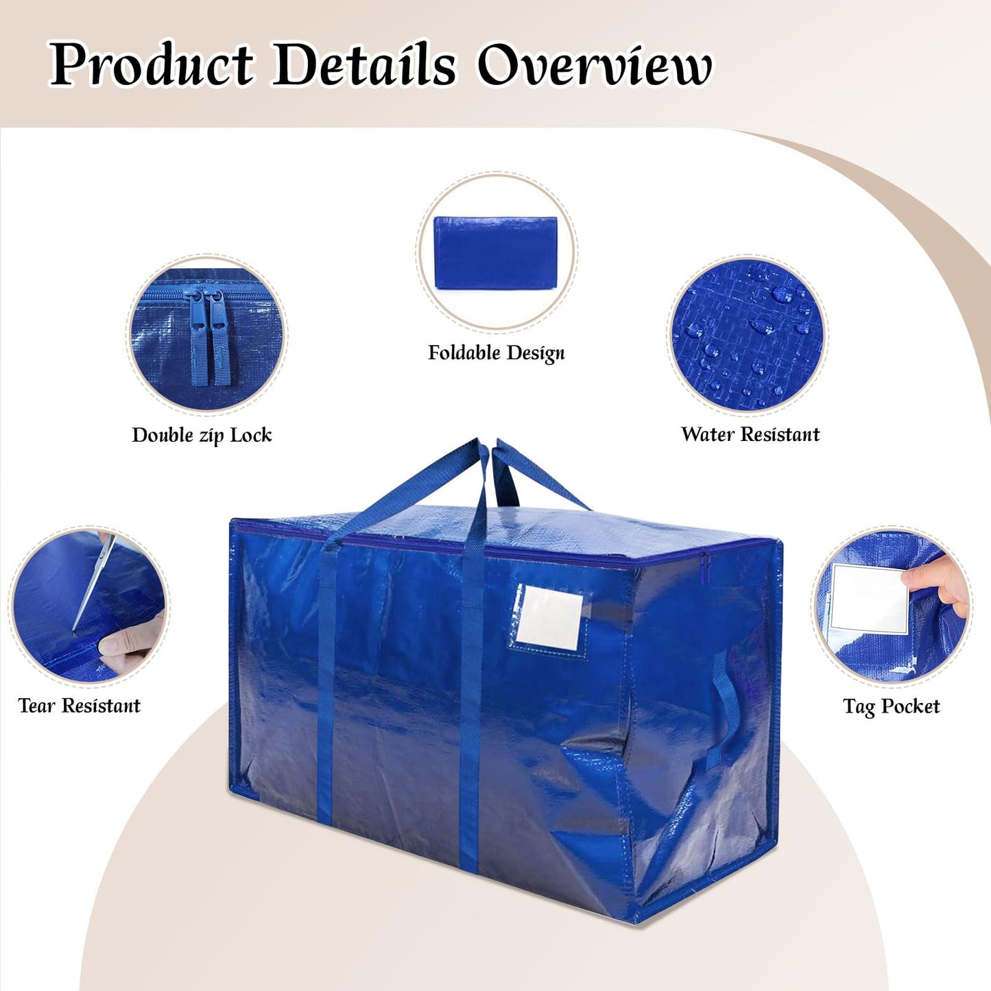 RICHIE Heavy Duty Extra Large Moving Bags with Reinforced Handle and Double Zipper - Waterproof Storage Box with Tag Window