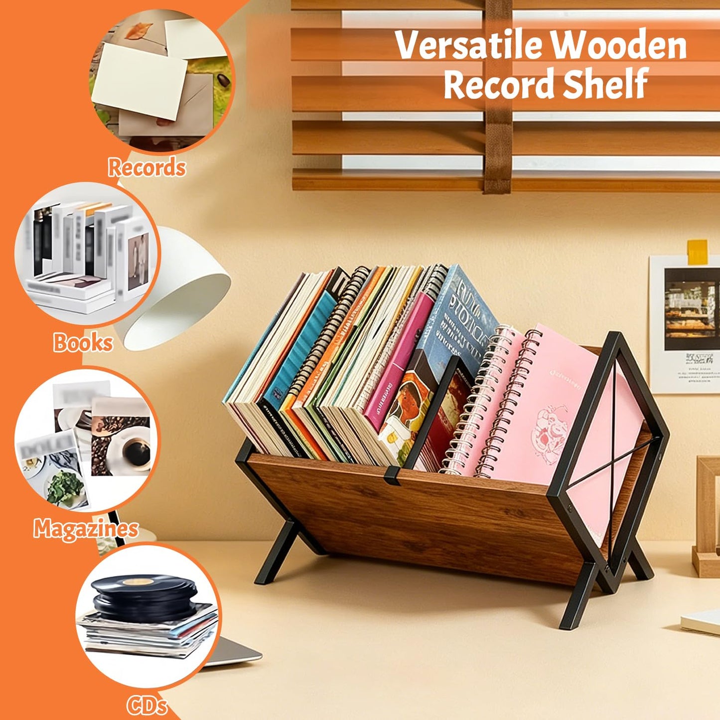 24LP Vinyl Record Storage Rack, Wood & Iron Rack with Adjustable Divider