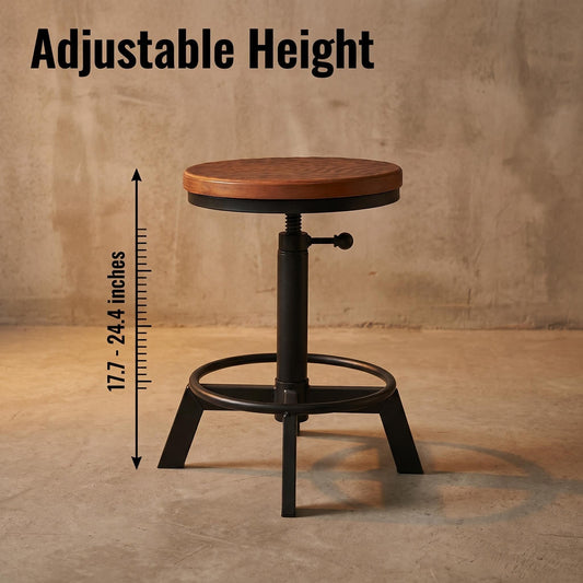 BOKKOLIK Set of 2-Industrial Bar Stool-Counter Height Chairs- Swivel Wooden Seat- Adjustable 17.7-24inch