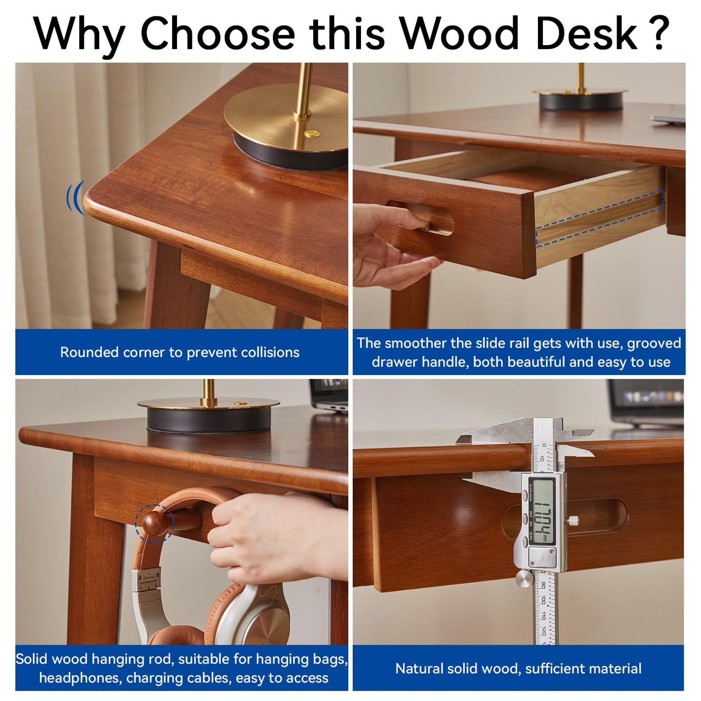 Aibiju Solid Wood Desk, Writing Desk, Small Office Table with drawers, 39x20x30inch Computer Desk with storage and Hanging Rod for Home Office