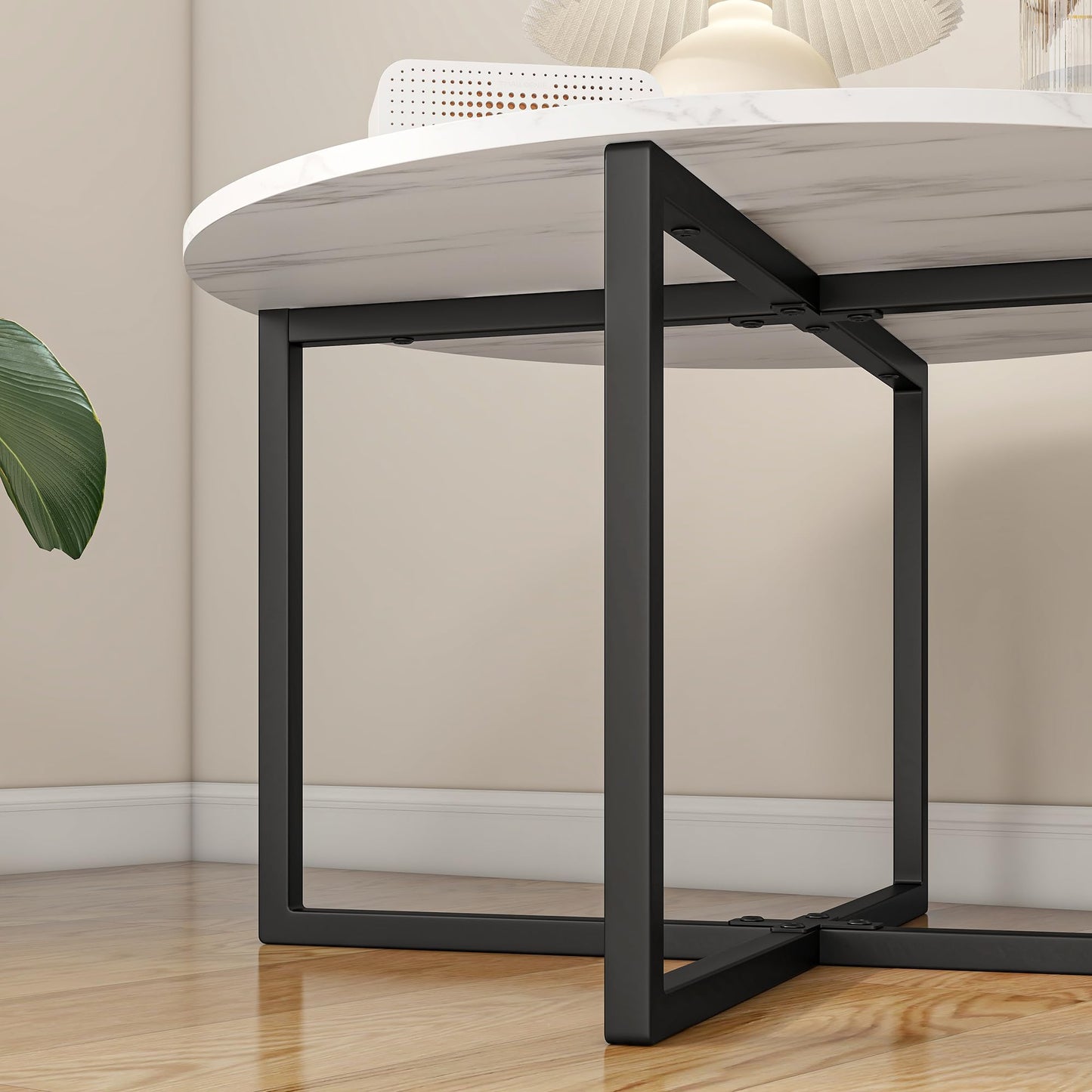 BOFENG Round Coffee Table Tea Table End Table Sofa Table for Living Room with Metal Legs,Black+White