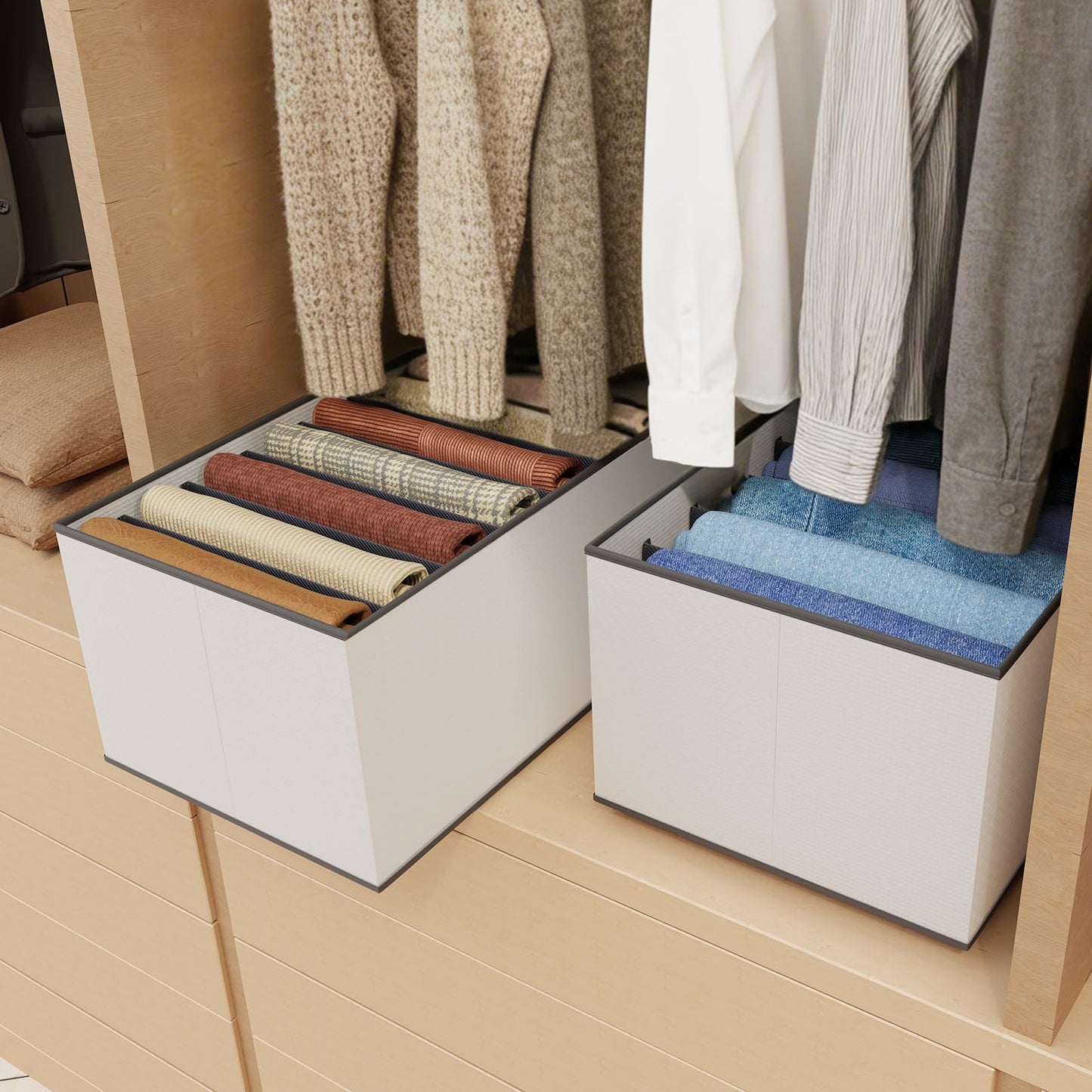 2 Pack 7-Grid Wardrobe Storage Organiser Boxes with Dividers for Clothes