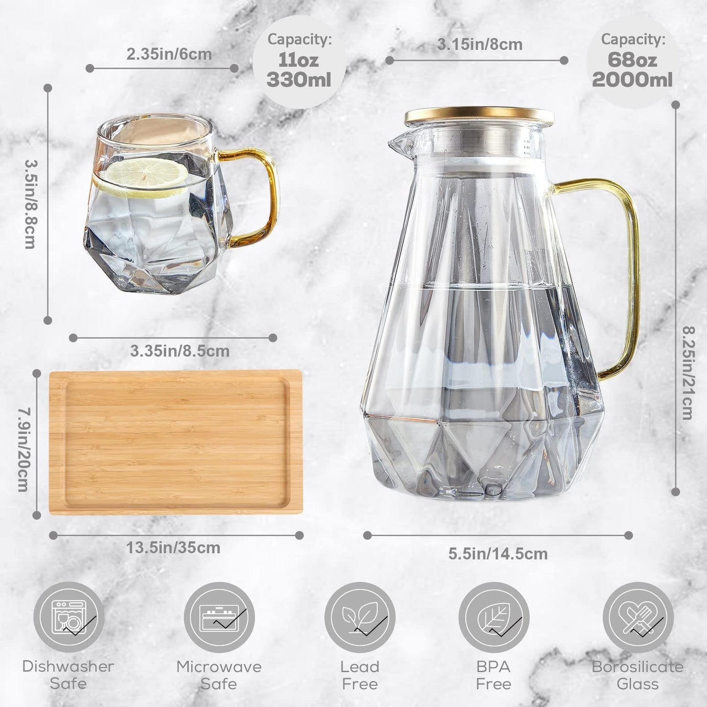 DUJUST Black Diamond Glass Pitcher with 4 Cups, 1 Tray, Elegant Design Water Pitcher with Handle, Decoration for Room, High Durability Water Glass