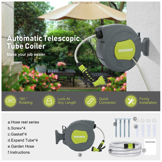 DEWINNER Garden Hose Reel, Wall Mount Auto-Reel with Spray Nozzle, Mounted Auto Rewind Holder Storage, Heavy Duty Hanger, 20M Hose Pipe+2M Tap Connect